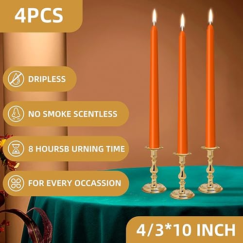 Miniatura 2 de Paquete de 4 velas cónicas naranjas de 10 pulgadas, sin goteo, sin humo y sin perfume, 8 horas de combustión, ideales para bodas, cenas y decoración