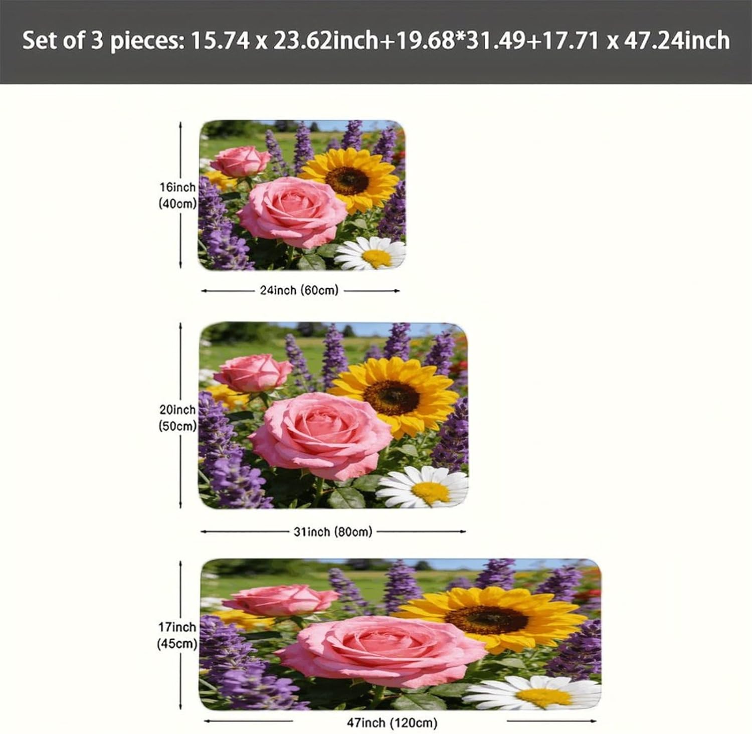 Blooming Flowers Kitchen Rugs Sets of 3 Non Slip Kitchen Mat for Floor Comfort Standing Rug and Mats Thick Cushioned Long Area Carpets for Laundry Room Entryway