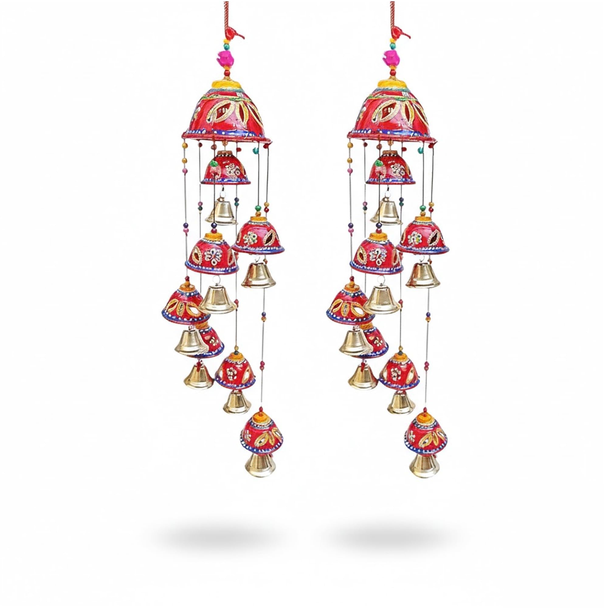 Ryme Rajasthani Design Handcrafted Hanging Wind Chimes | Decorative Latkan with 8 Metal Bells for Home Décor & Gifting | Pack of 2 (Rajasthani Red Wind Chimes)-image-45