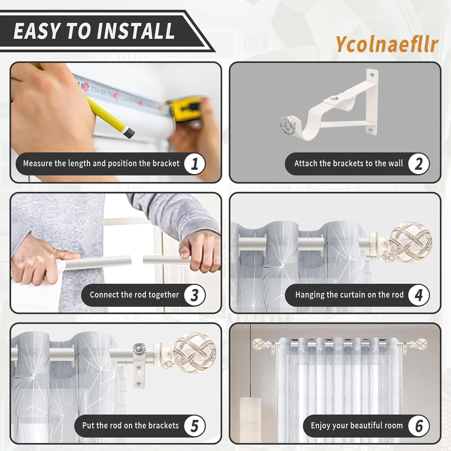 1 Inch Heavy Duty Adjustable Double Curtain Rod for Windows 66 to 120 Inches - Weathered White Boho Farmhouse Double Curtain Rod with Decorative Finials - for Living Room, Bedroom, Easy to install