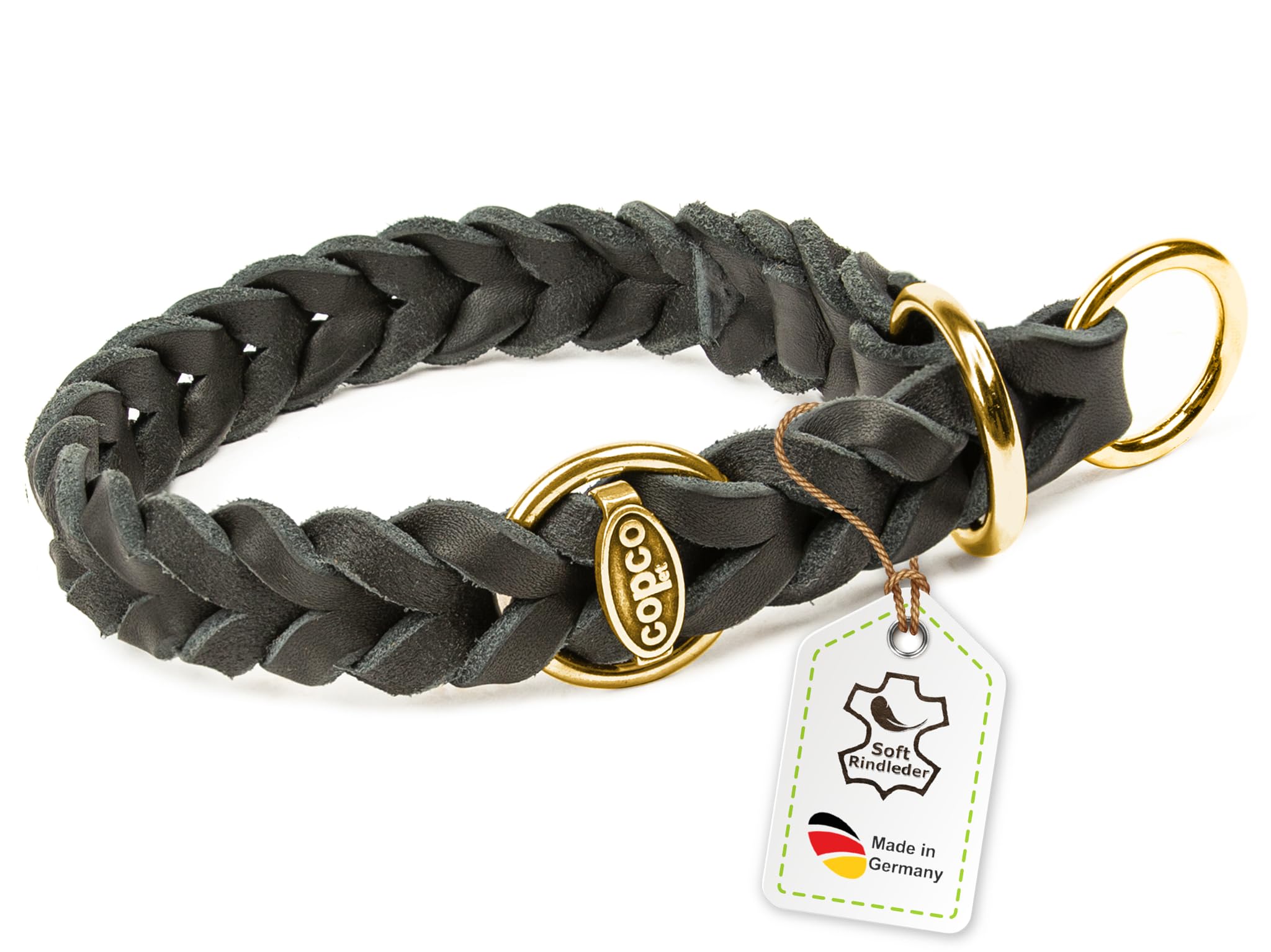 copcopet – Grasa Collar de piel trenzada con tren Stop de anillo – Cromado y latón