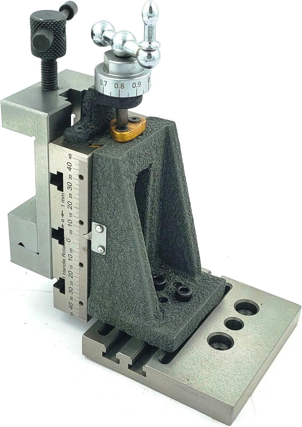 MachEL Mini pionowa prowadnica frezująca ze stalowym imadłem 2"/50 mm i płytą podstawową – bezpośredni montaż do mini tokarki 7x14