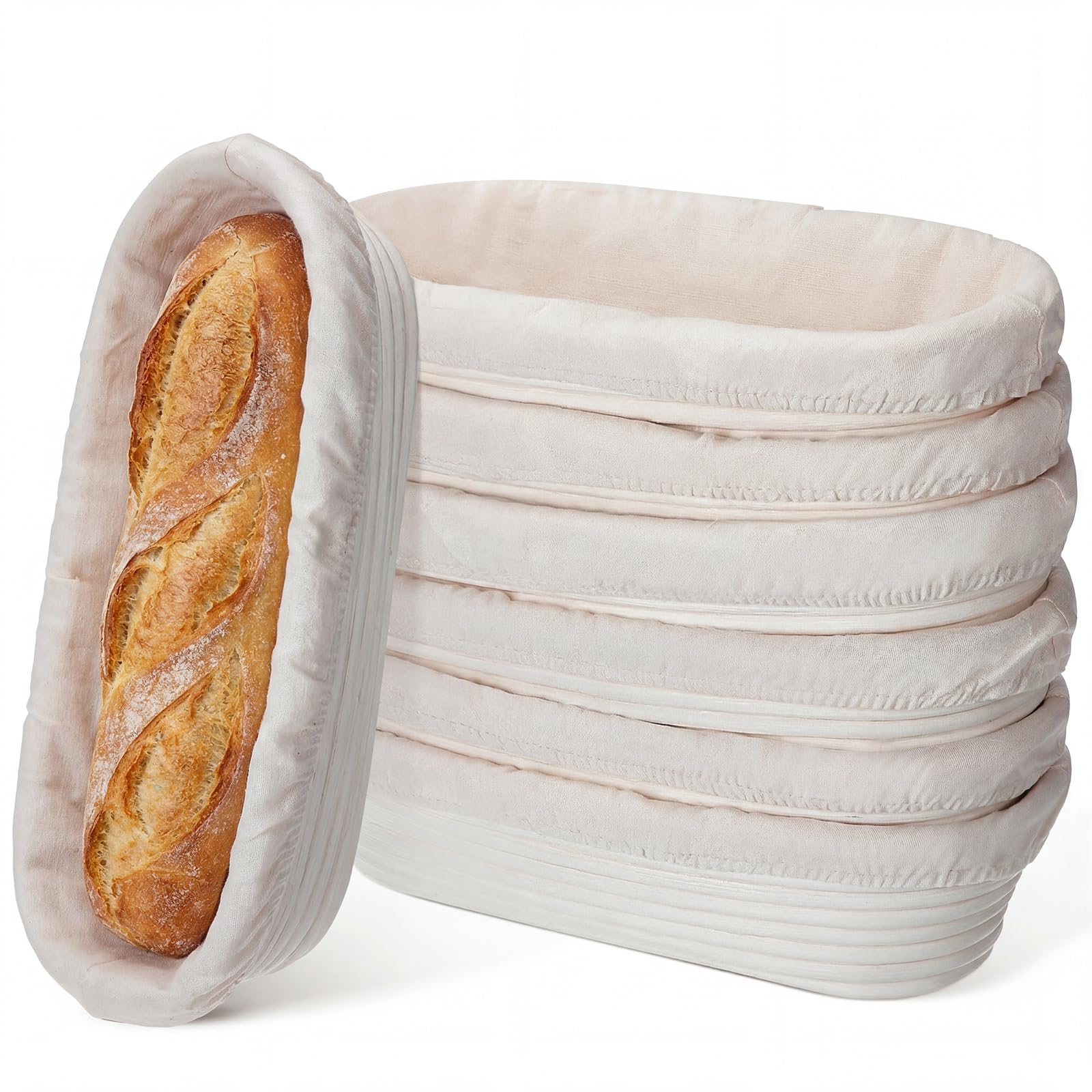 Vesici Baguette-Banneton-Gärkörbe, 35,6 cm, 6 Stück, mit Leineneinsatz, Baguette-Banneton, Brotbackkörbe, Rattan-Teiggärkörbe für Zuhause, Backzubehör, Backgeschenke