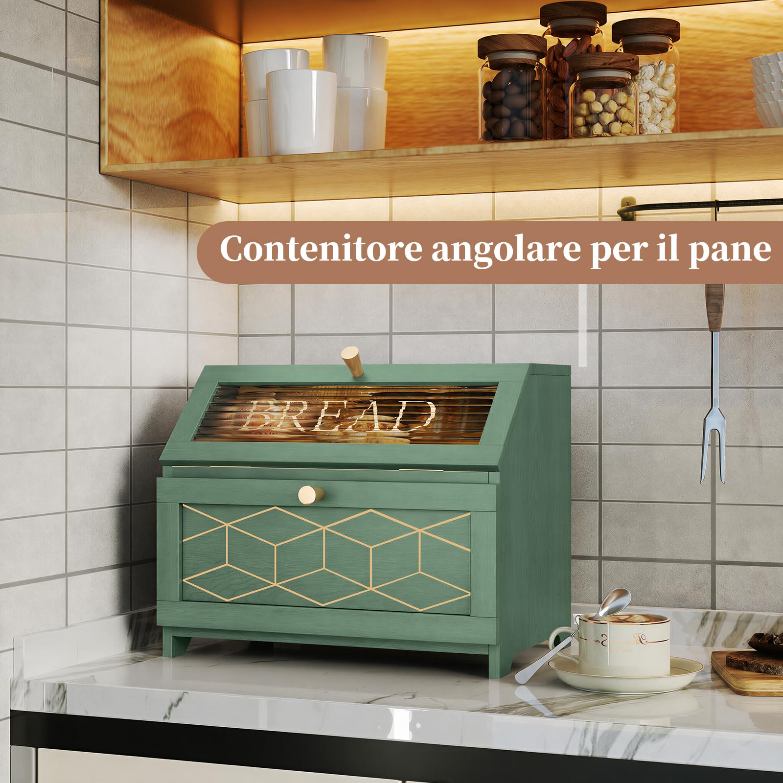 Portapane Legno a 2 Livelli con Finestra Trasparente, Portapane Moderno da Cucina con Ampio Spazio di Archiviazione, Porta Pane da Cucina per Pane, Snack e Alimenti, Verde