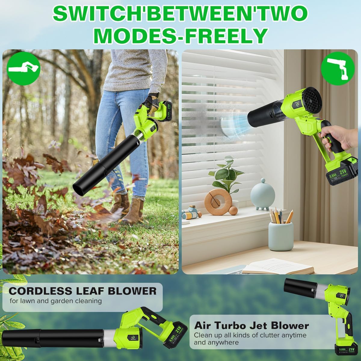 Cordless Leaf Blower,Rechargeable Leaf Blower,21V Cordless Electric Blower with 2 Batteries & Charger,4 Speed Modes, Rotable Handle Design, for Patio Cleaning,Yard, Blowing Leaves,Dust or Snow