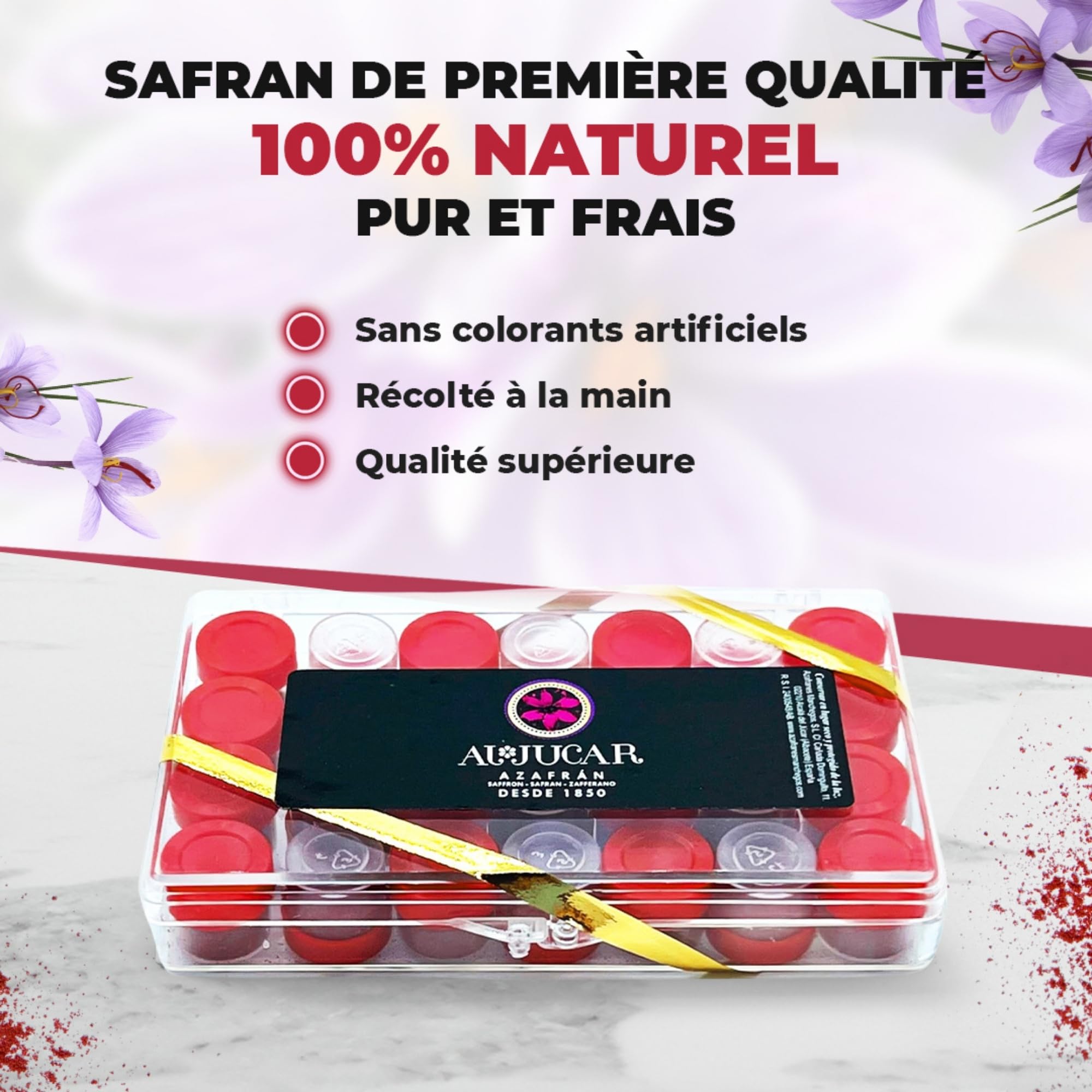 Safran moulu sélectionné - Épice naturelle pour paellas - Safran espagnol sans colorants artificiels - Safran pur en capsules - Boîte de poudre de safran de 28 unidoses de 0,250 g