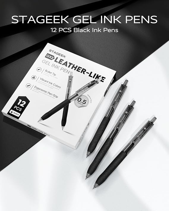 STAGEEK 0.5mm Gel Pens Fine Point Smooth Writing Pens, 12PCS Black Ink Pens, Retractable Leather-Like Black Gel Pens, Business Gel Pen for Journaling, Writing, School, Office Use (Black)