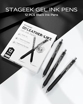 STAGEEK 0.5mm Gel Pens Fine Point Smooth Writing Pens, 12PCS Black Ink Pens, Retractable Leather-Like Black Gel Pens, Business Gel Pen for Journaling, Writing, School, Office Use (Black)