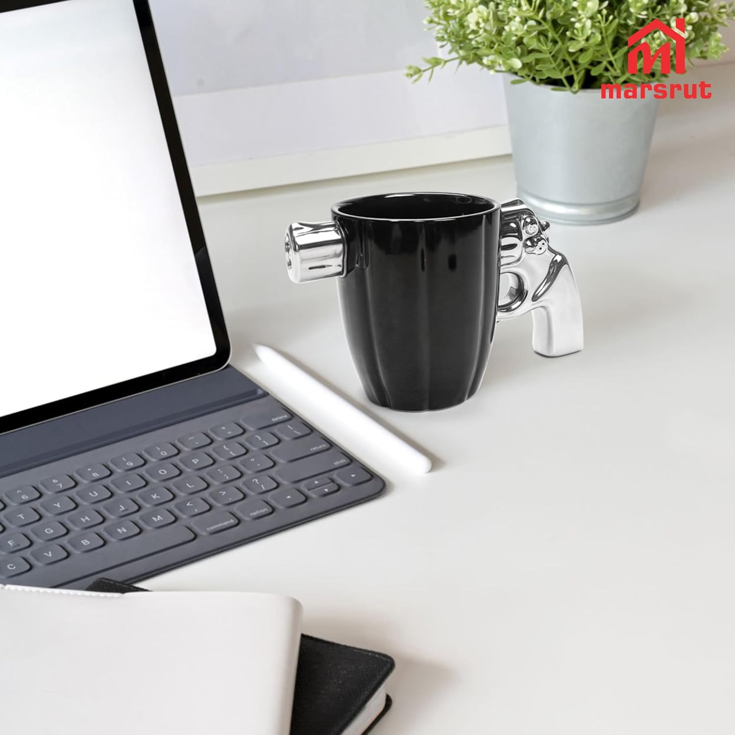 Revolver Mug Cup, Taza En Forma De Pistola, Pistol Gun Weapon Handle Grip Shape, Ceramic Novelty Cool Coffee Tea Cup, Attractive Special 3D Fashion Gifts for Men Women Boss Lover, 12Oz (Black-Silver) - Image 3