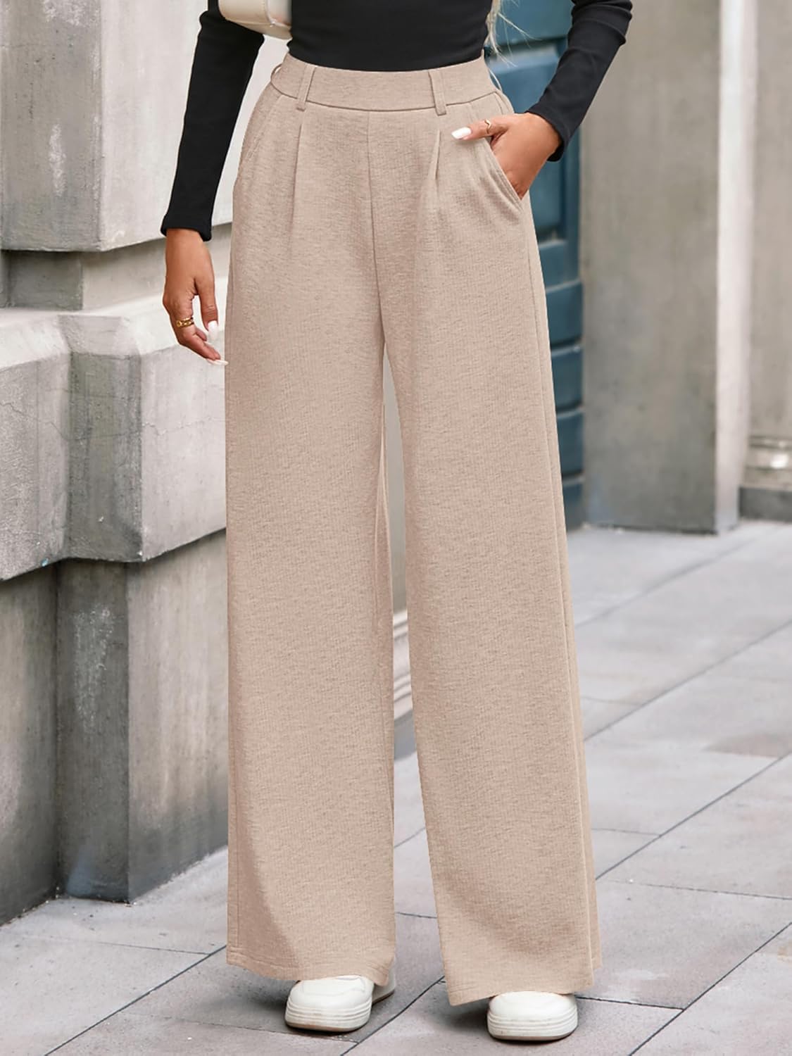 BTFBM Wide Leg Pants for Women Dressy Work Business Casual Elastic High Waisted Trousers Ribbed Lounge Palazzo Pants - Image 2