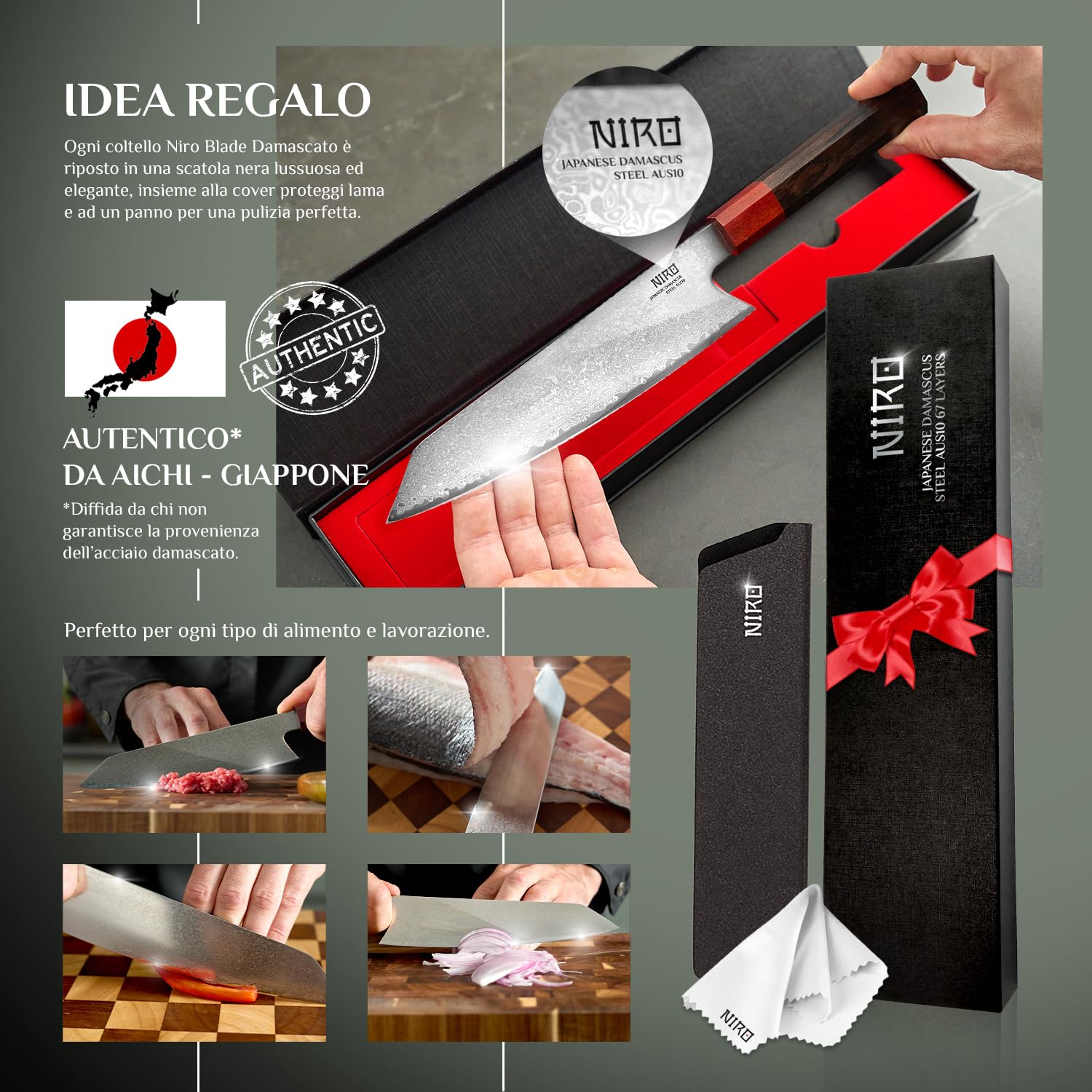 NIRO | Coltello Giapponese Professionale | Kiritsuke| Acciaio Damasco AUS-10 | Durezza HRC 60-61| 67 strati | Manico Pregiato in Ebano e Sandalo | Bilanciato | Forgiato a Mano | Resistente all'usura