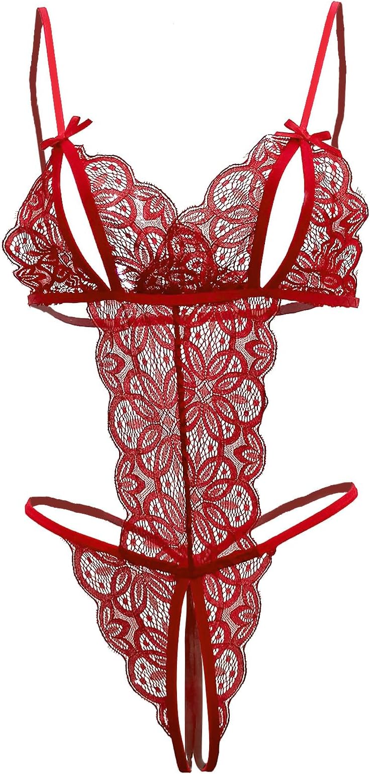 VicSecSexy Nightwear for Women Lace Bodysuit One Piece Naughty Lingerie Deep V-Neck Stretch Negligee Sleepwear Hollow Out Teddy Bodycon Jumpsuit