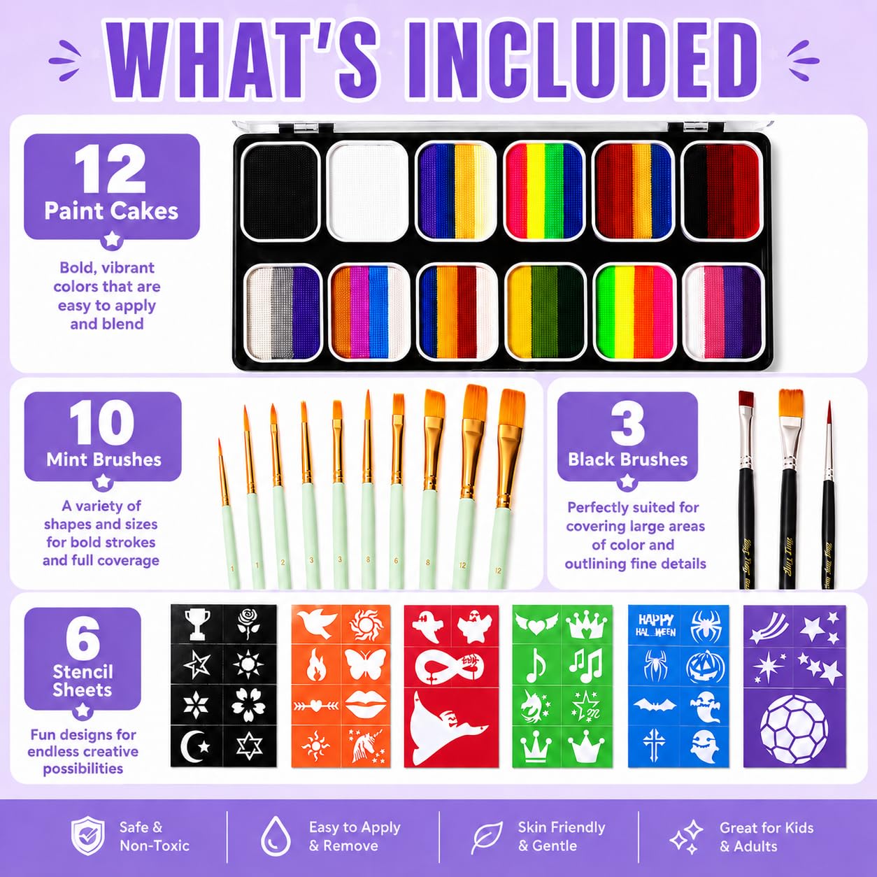 SPRINGSKY 39 Colors Face Paint Kit: Professional Face Painting Kit with 6 Stencils and 13 Brushes - Water Activated Facepaint Makeup Kit - Non Toxic Face Paint for Halloween and Christmas