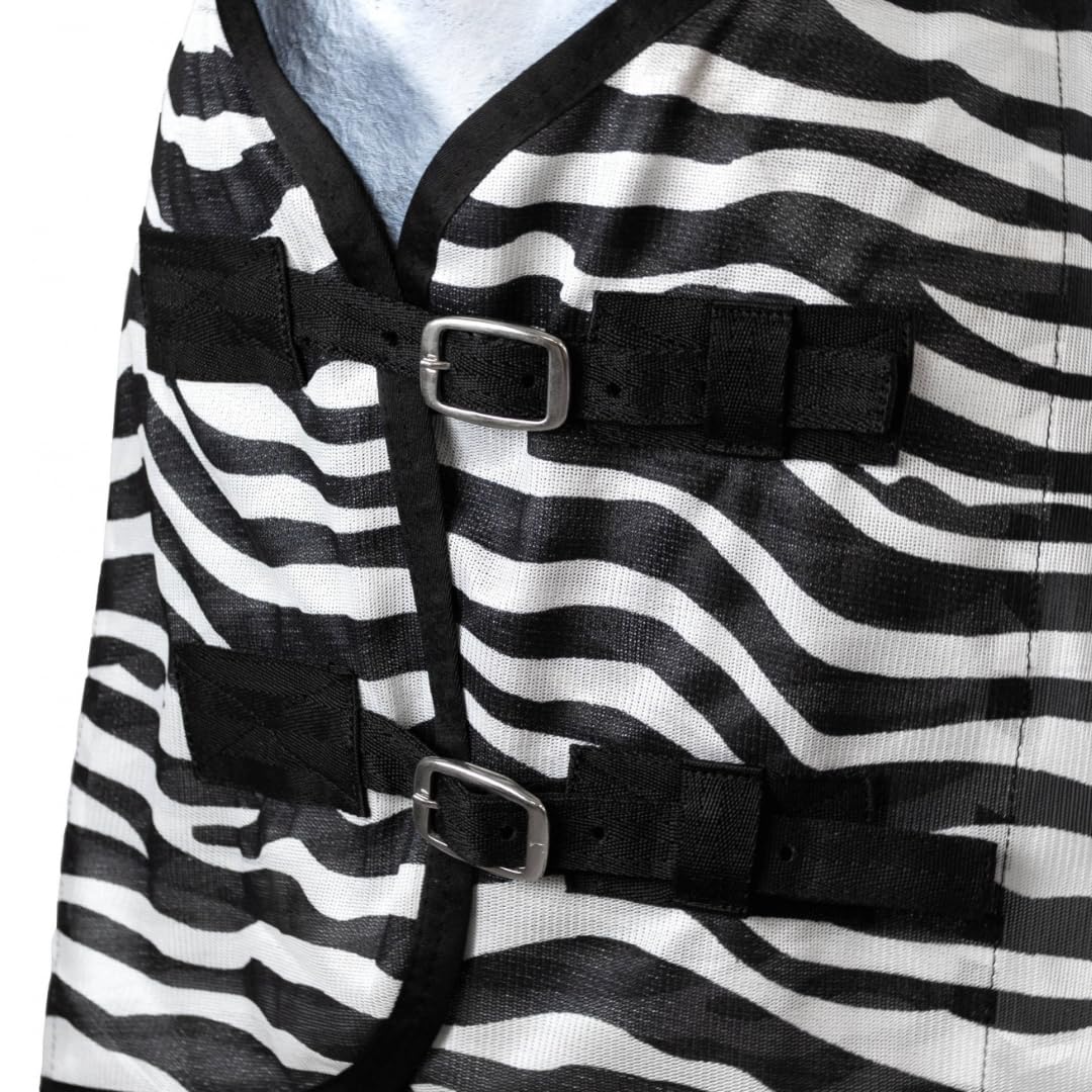 Zebra Fliegendecke mit Kreuzgurt – reißfeste & feinmaschige Pferdedecke – Weidedecke – 145 cm