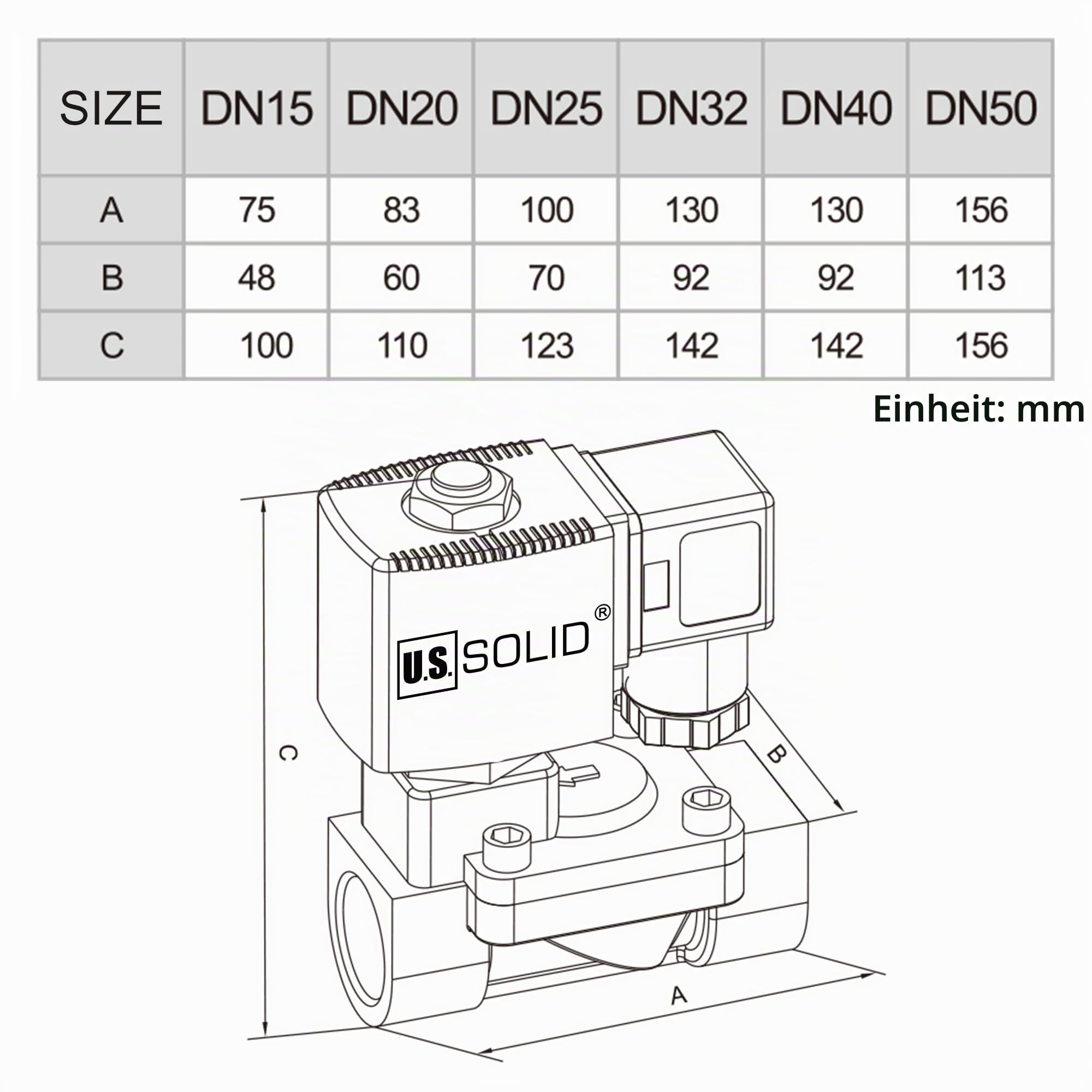 U.S. Solid Magnetventil Messing 1/2" 230V AC, 0,3-16 bar, stromlos geschlossen, VITON-Dichtung, G-Gewinde - Pilotgesteuert