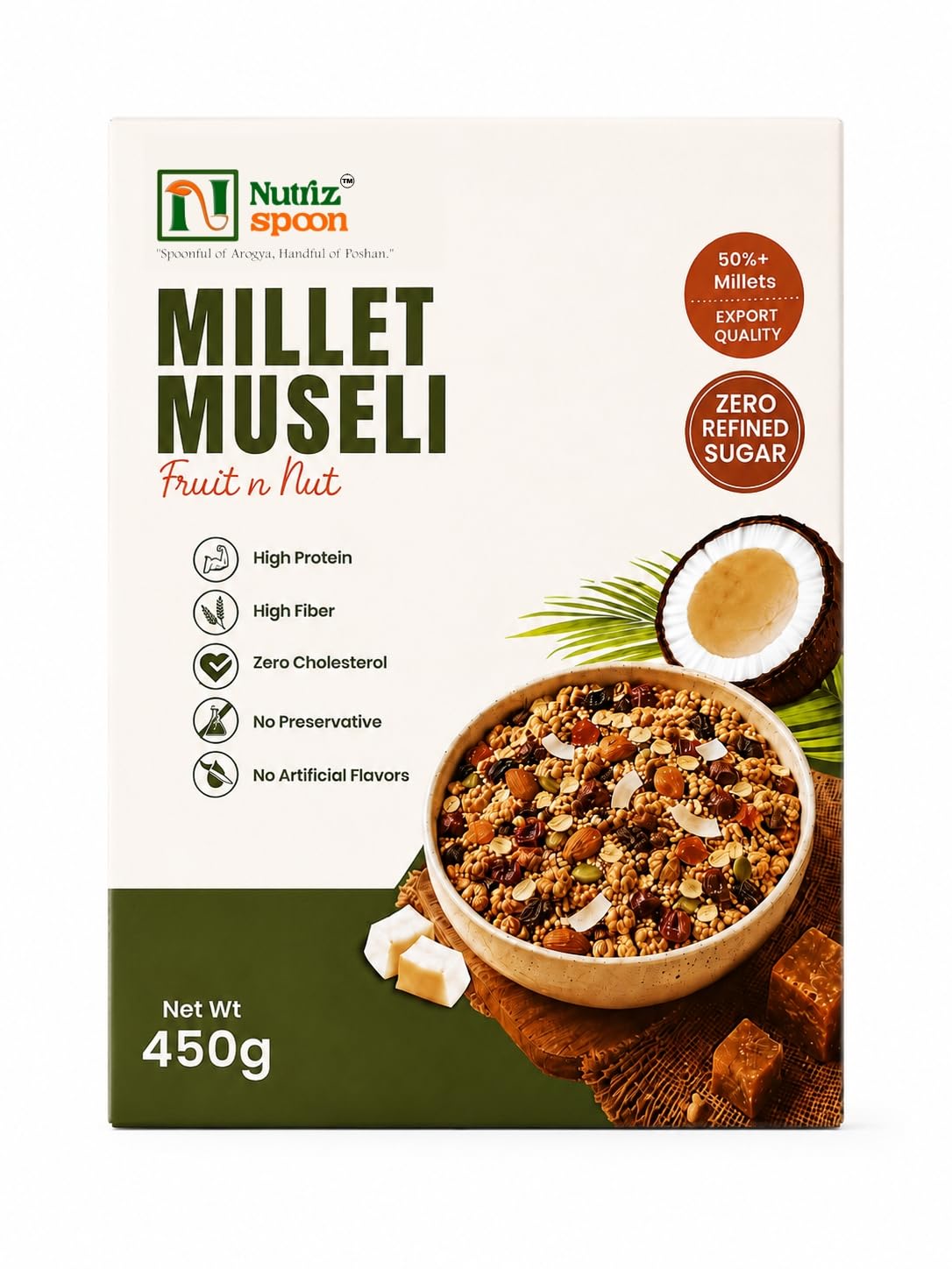 Nutriz Spoon Millet Muesli with 50%+ Major & Minor Millets, High Protein & High Fibre, Zero Refined Sugar, Zero Cholesterol, Fruit n Nut Breakfast Cereal, 450g-image-3
