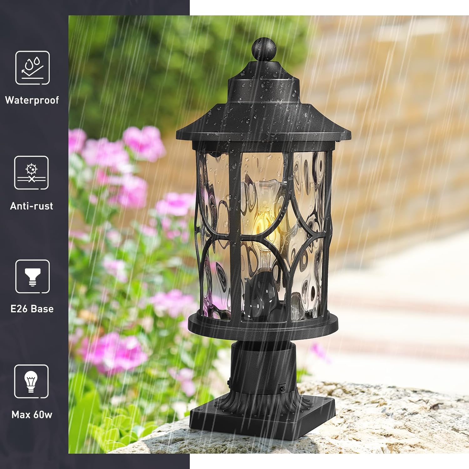zeyu 17 Inch Black Outdoor Post Lights, Modern Exterior Pole Light, Lamp Posts Outdoor Lighting for Garden Patio, Die-Cast Aluminum with Clear Water Ripple Glass, ZX48MP-WG BK