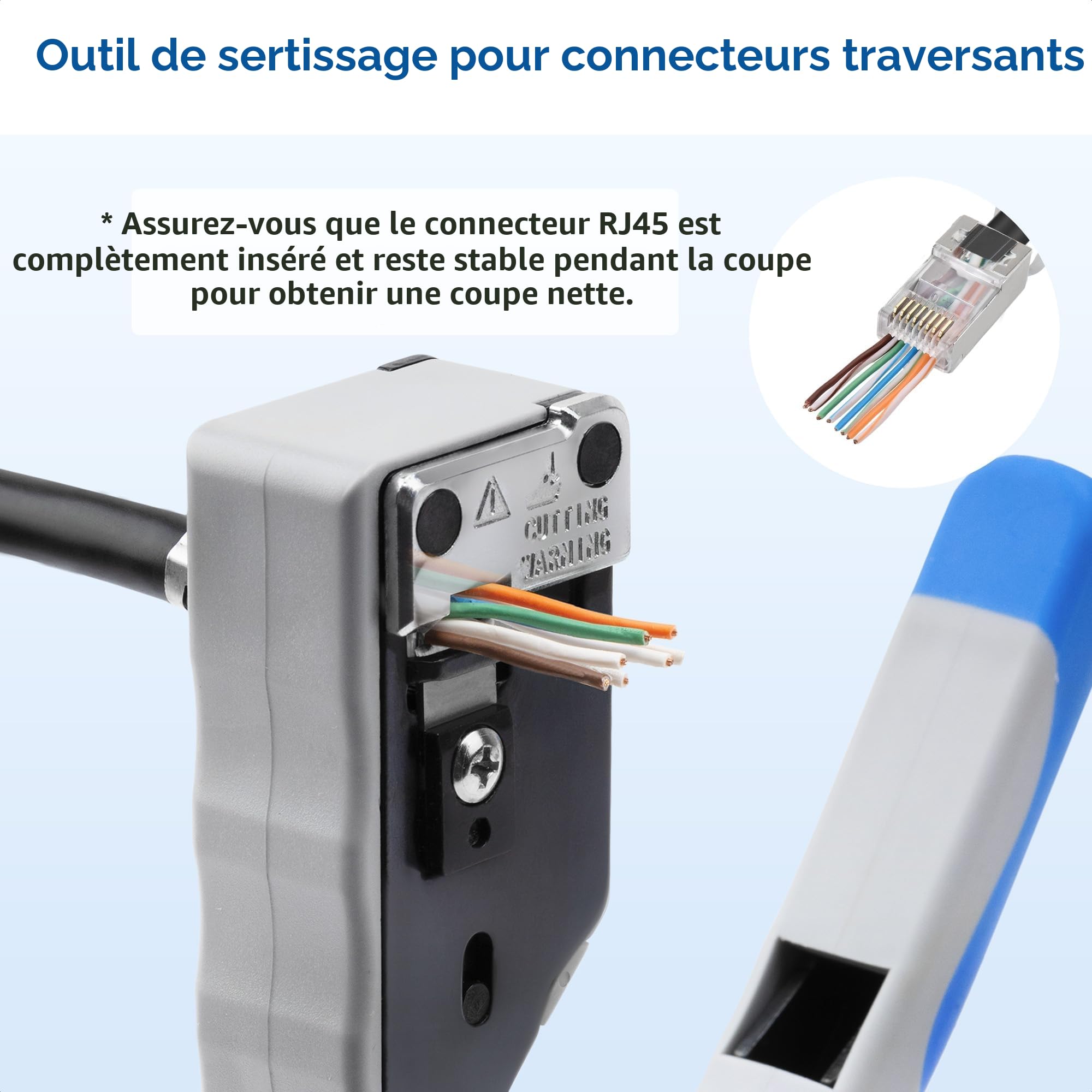 Cable Matters Pince à sertir RJ45 tout-en-un pour connecteurs blindés traversants (Pass-Through) – Outil Cat8 Cat5/Cat6/Cat6A/Cat7, couper/dénuder/sertir, RJ11/RJ12/RJ45