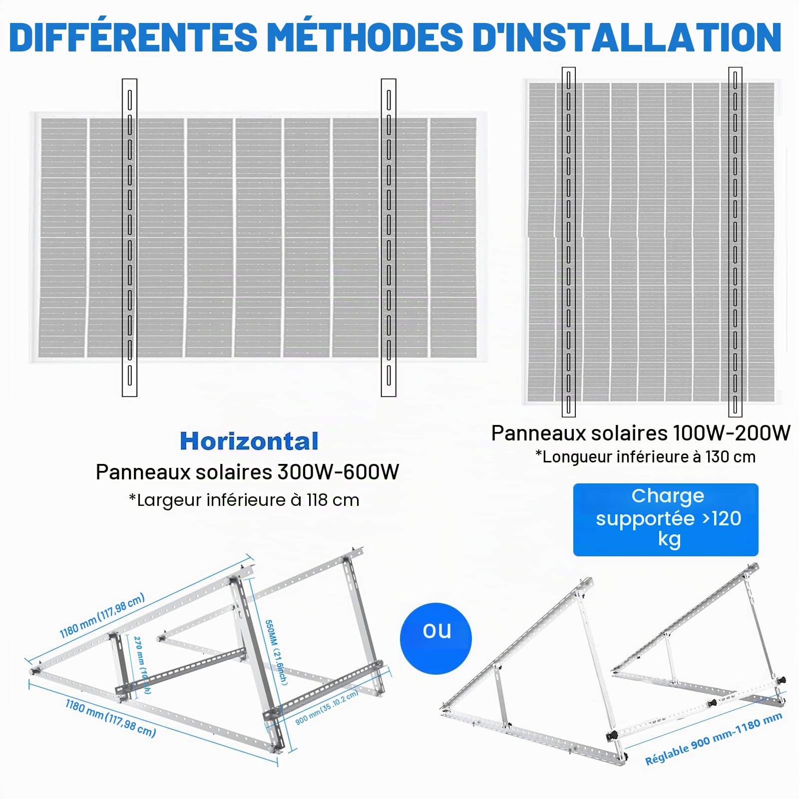 Support de panneau solaire pour centrale électrique de balcon de 200 à 500 W - Angle réglable de 0 à 90 ° - Support pour panneau solaire - Support de panneau solaire réglable de 118 cm