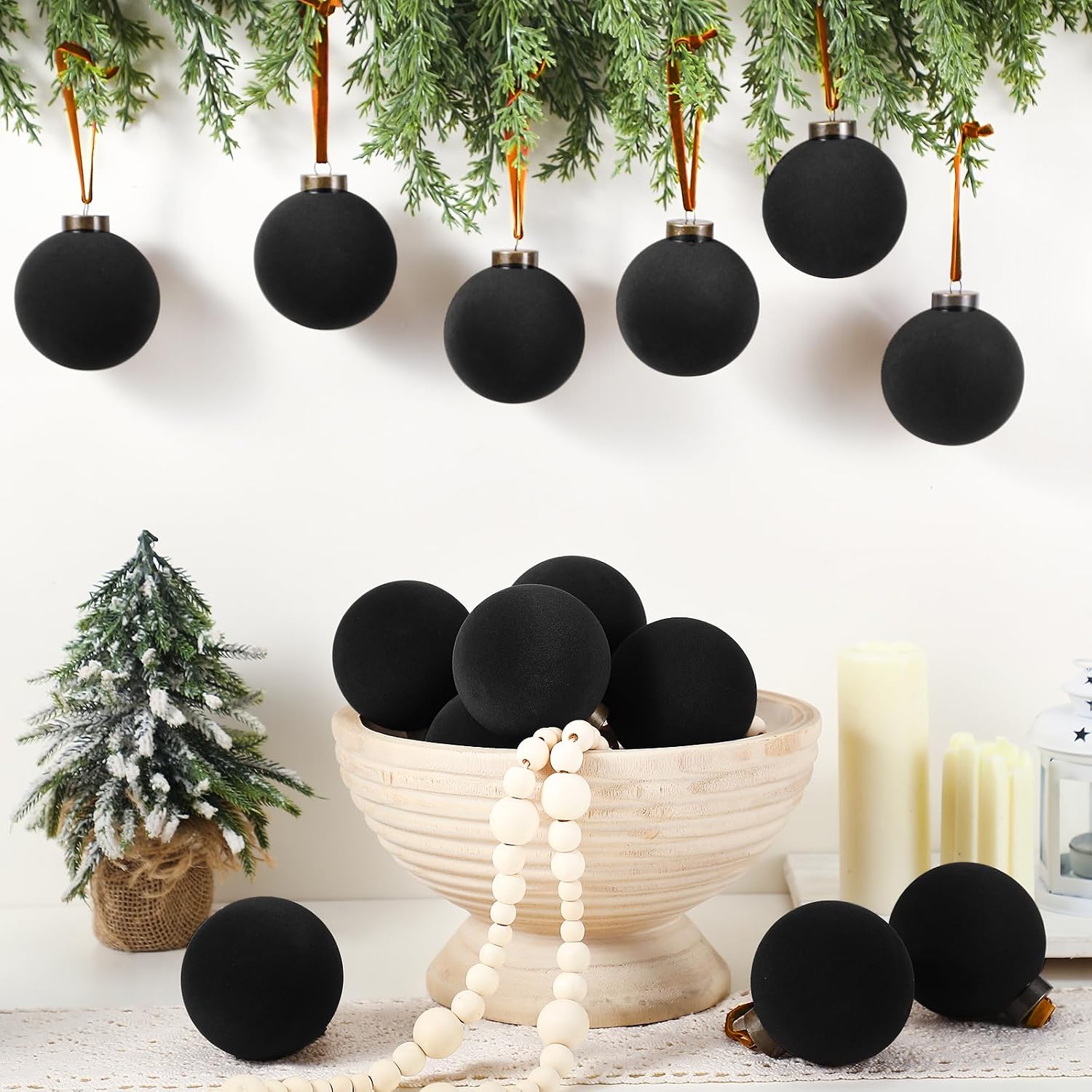 Liliful 15 Pcs Velvet Christmas Balls Bulk Flocked Christmas Tree Ball Ornaments Plastic Xmas Decorative Hanging Ornaments(Black,3.15 Inch)