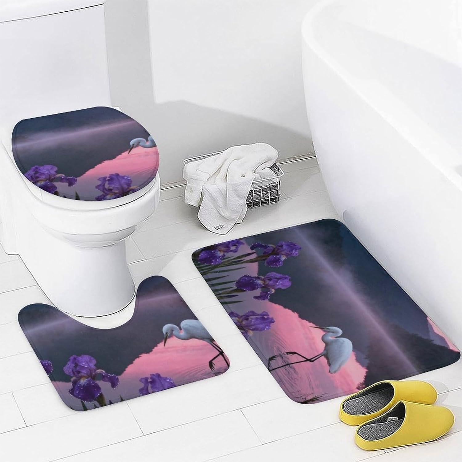 4 Piece Bathroom Rug Set with Shower Curtain, Non-Slip Bath Mat Toilet Cover Set, Cherry Blossoms Bathroom Rug Sets