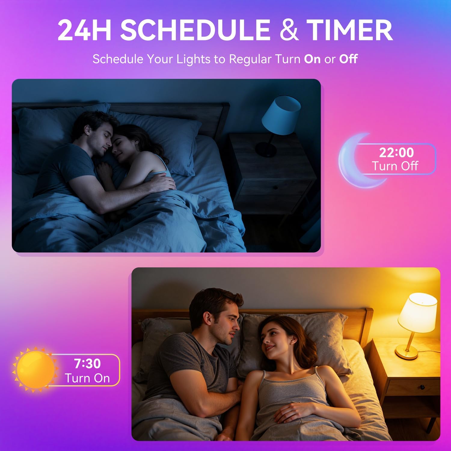 A woman using voice commands to dim a smart light bulb, with a smart speaker and phone on a table.