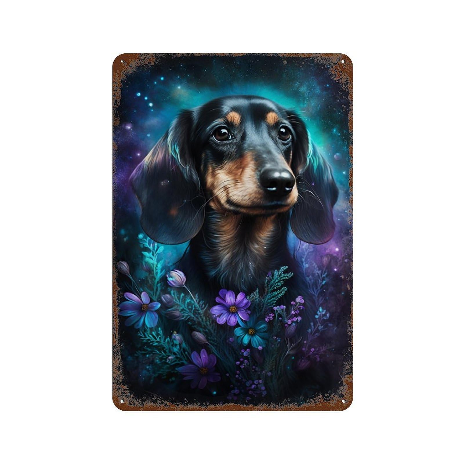 Galactic Dachshund with Flowers -8 11.8"x7.9" Vintage Rust Metal Sign, Shabby Chic Decor for Cafe, Home Bar And Lounge Decor