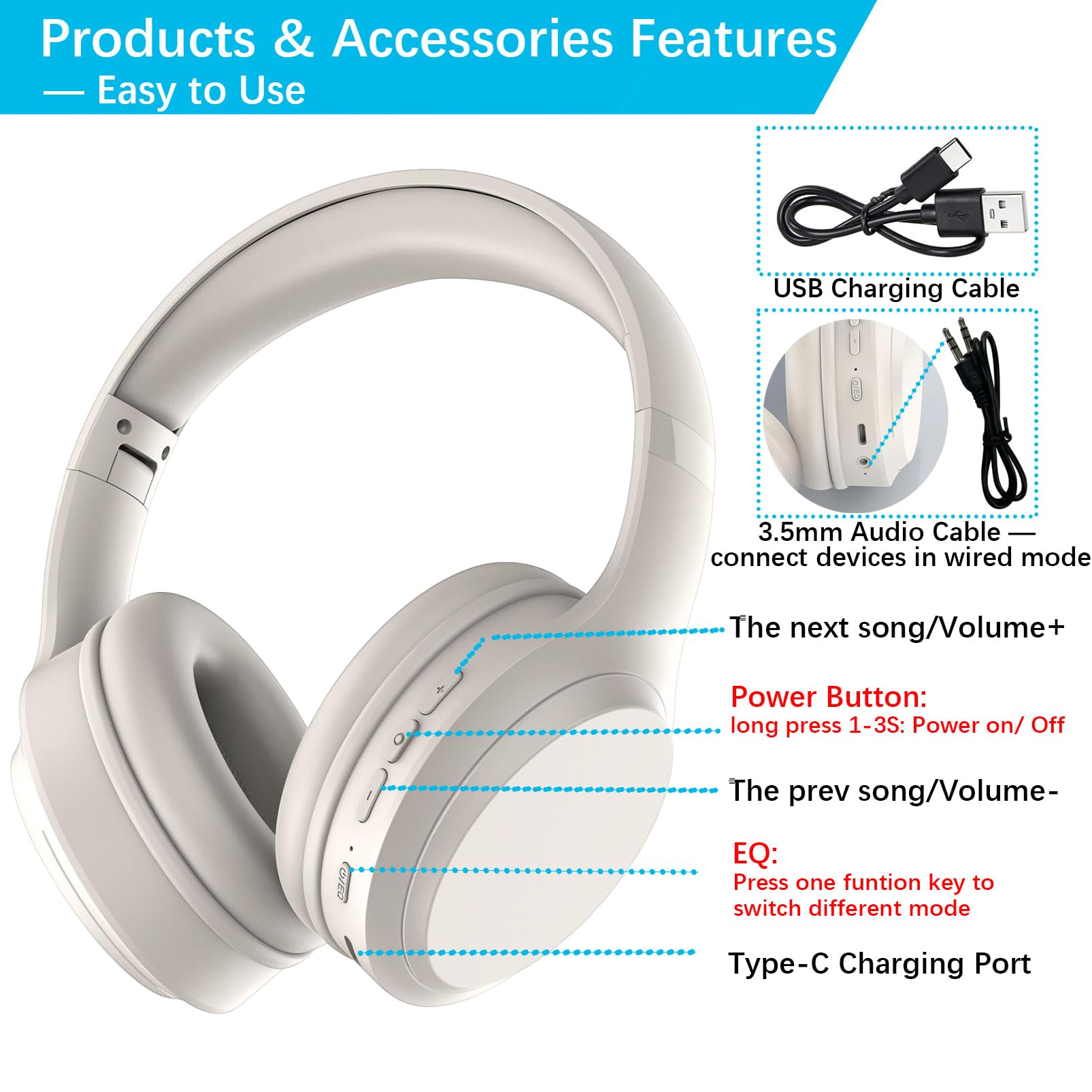 5.3 Casque sans fil Bluetooth avec microphone intégré, autonomie de 82 heures, prise en charge de l'audio haute résolution, coussinets confortables, pliables et respirants, compatible avec les télépho