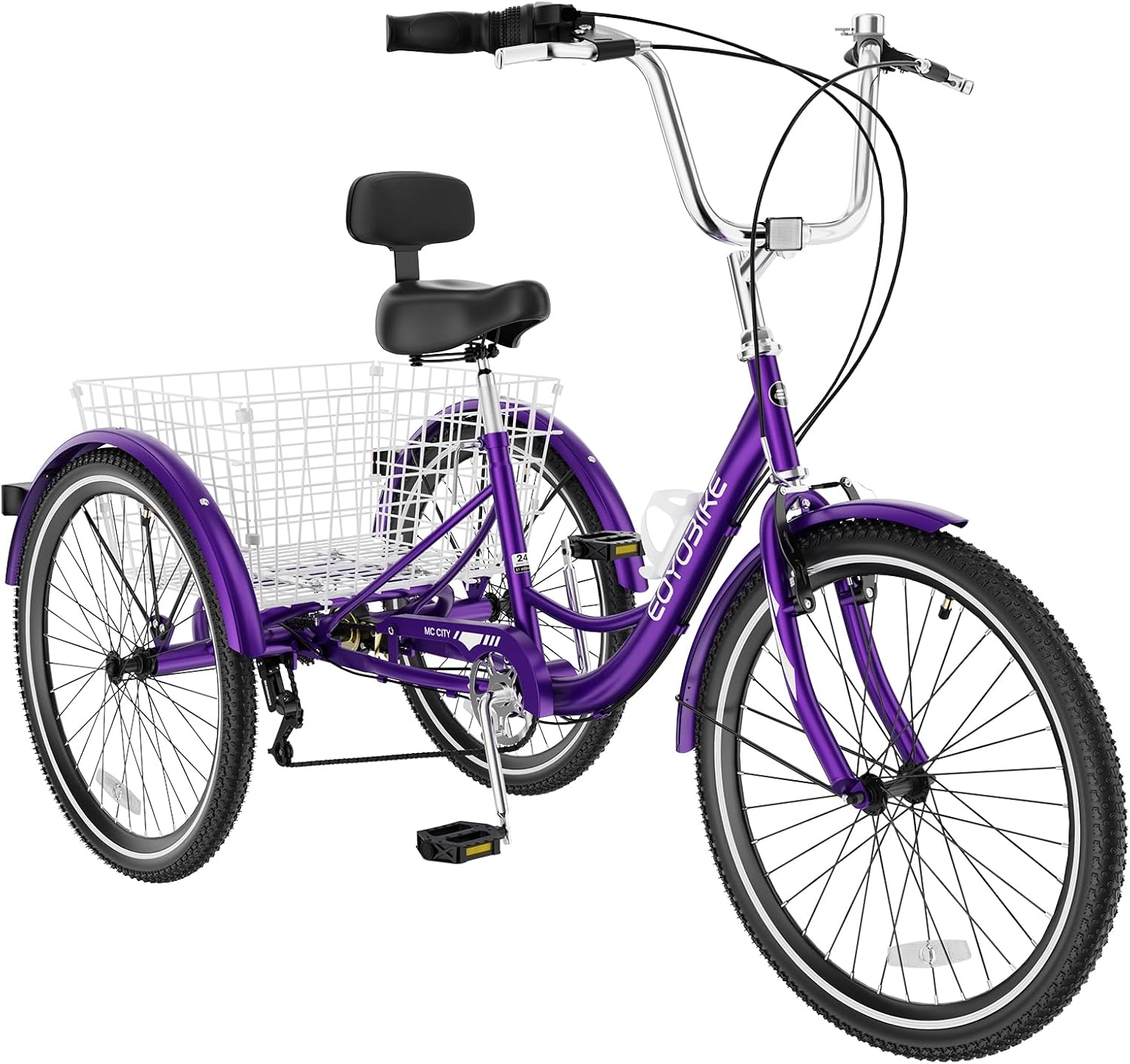 Adult Tricycle 3-Wheel Cruiser Bike, Cruiser Handlebar, Low Step-Through, Adjustable Handlebar & Seat, Large Rear Basket, Double-Wall Rims, 24/26 in Wheels for Seniors
