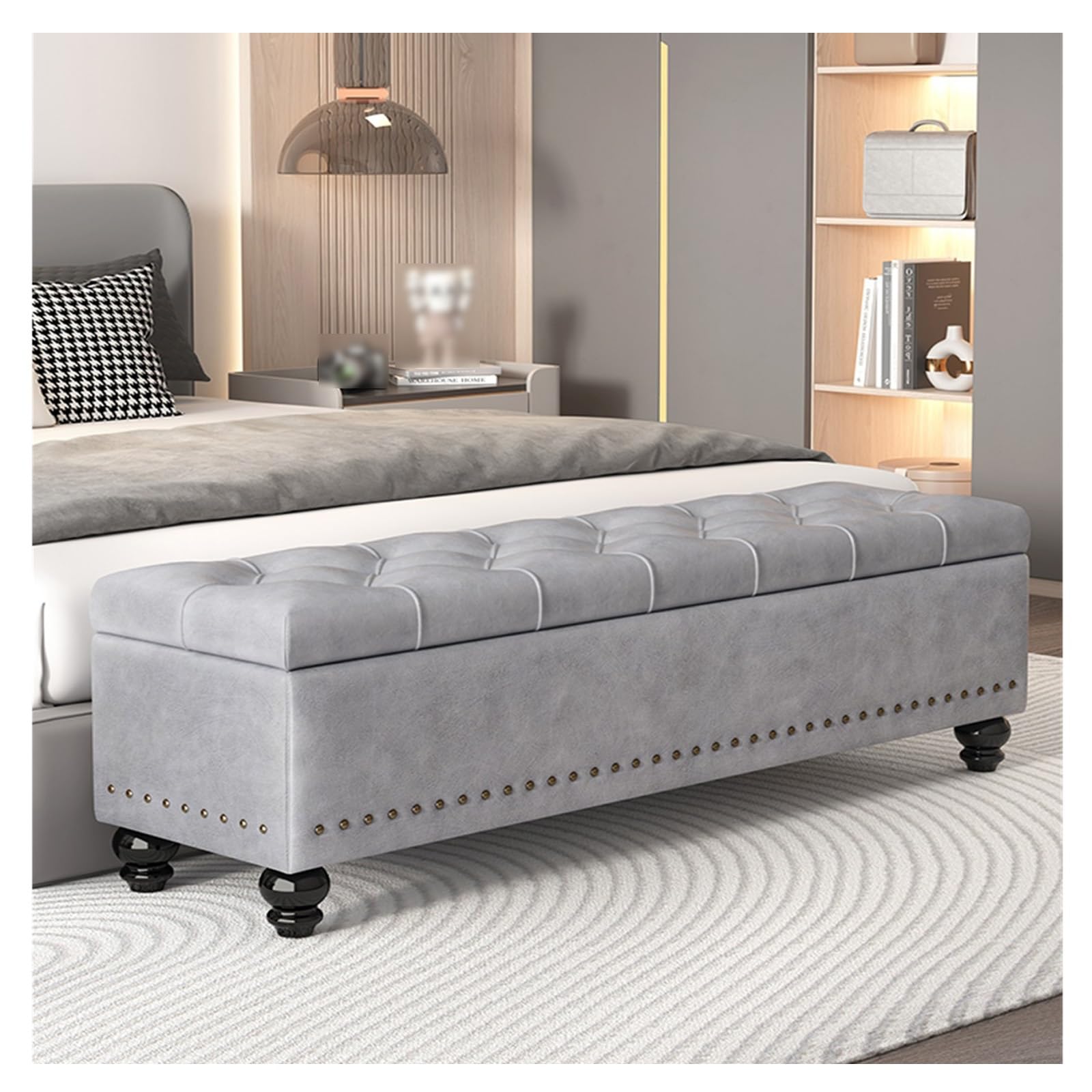 Pufa do przechowywania, ławka do przechowywania, nowoczesna pufa z guzikami do sypialni, salonu, na korytarz, duży podnóżek z zawiasami bezpieczeństwa, sofa do sypialni (kolor: szary, rozmiar: 120 x