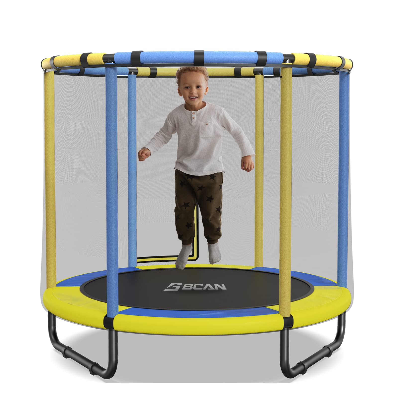 BCAN 60''/48" Mini Trampoline for Ages 1 to 8 Kid, 5FT Toddler Trampoline - Indoor/Outdoor Use with Enclosure Net, Foam Handle, Adjustable Gymnastics Bars, Basketball Hoop, Gifts for Boys & Girls