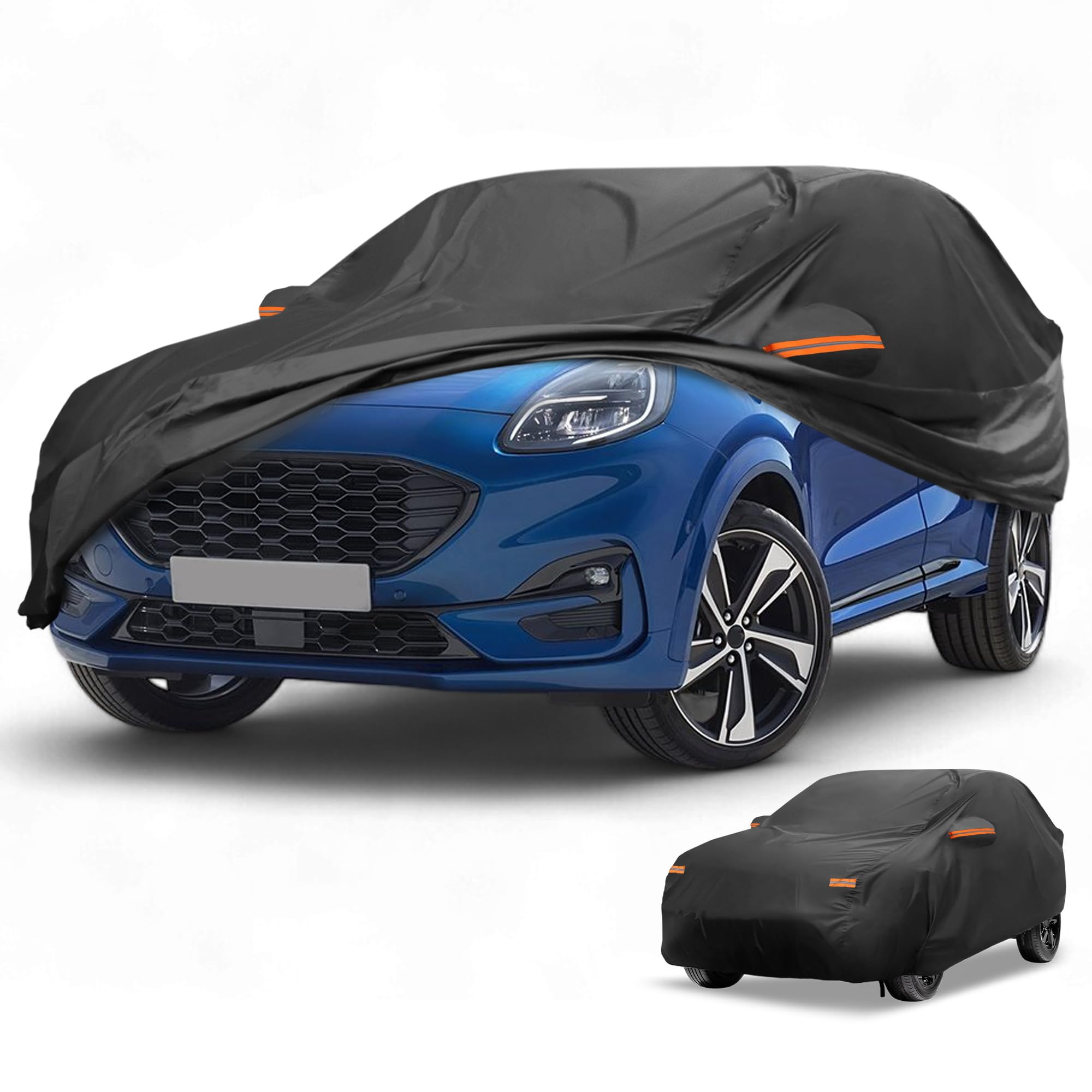 Funda De Coche Impermeable Anti-UV para Ford Puma 19-23 1Pc | 190T-Pu, Negro, 425X180X140Cm, Impermeable, Anti-Uv, Todo Clima, Cremalleras, Cuerda Elástica, Franjas Reflectantes