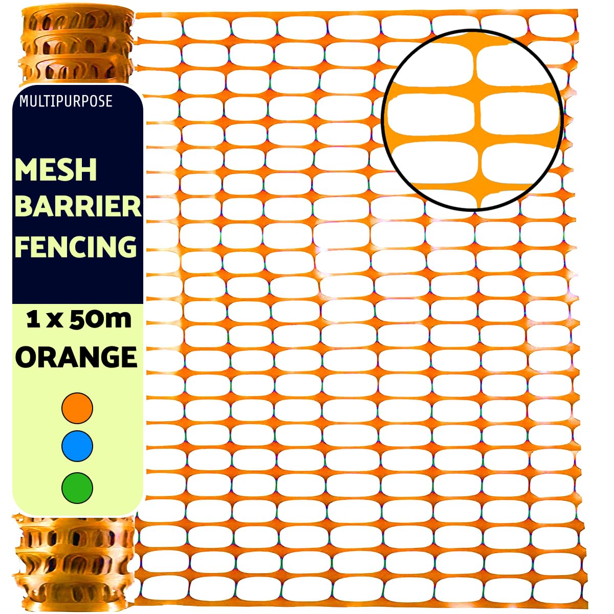 Valla de malla de plástico de 1 m x 50 m, valla de seguridad temporal para construcción, lugares de trabajo, jardín, barreras para mascotas y eventos en naranja, amarillo, verde, azul (naranja)