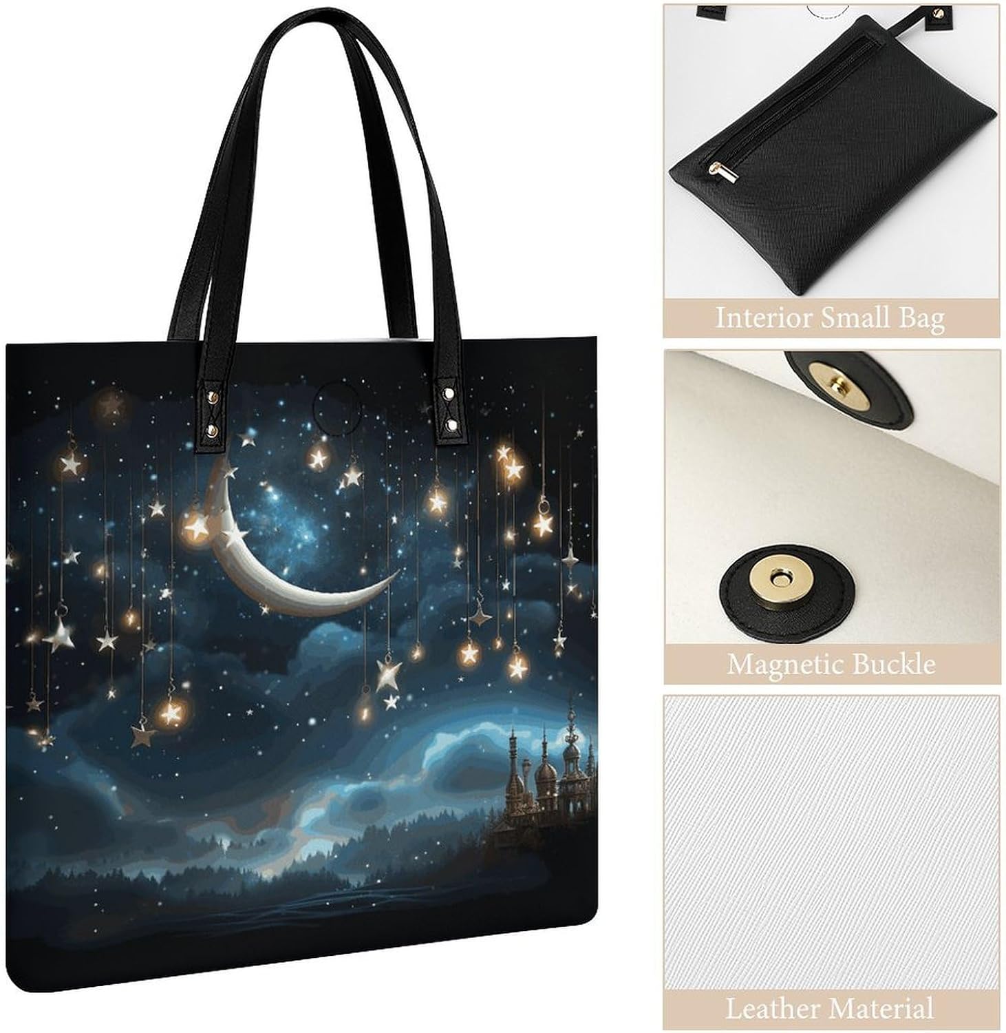 Nightsky Hanging Moon Stars Tote Bag with Magnetic Buckle Reusable Grocery Bags Lightweight Cross Body Handbag for Daily Essentials