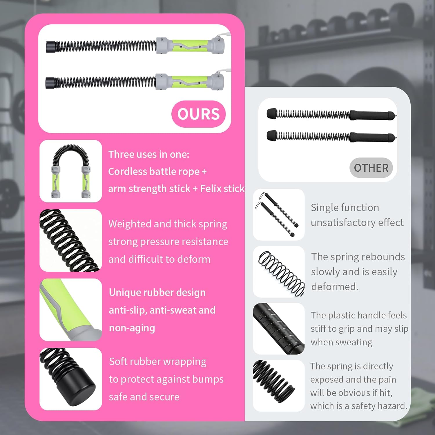 Ropeless Battle Ropes - 3-in-1 Heavy Ropeless Jump Rope Set & Solid Steel Resistance Bar for Home Gym - Portable Workout Equipment for HIIT,Strength Training