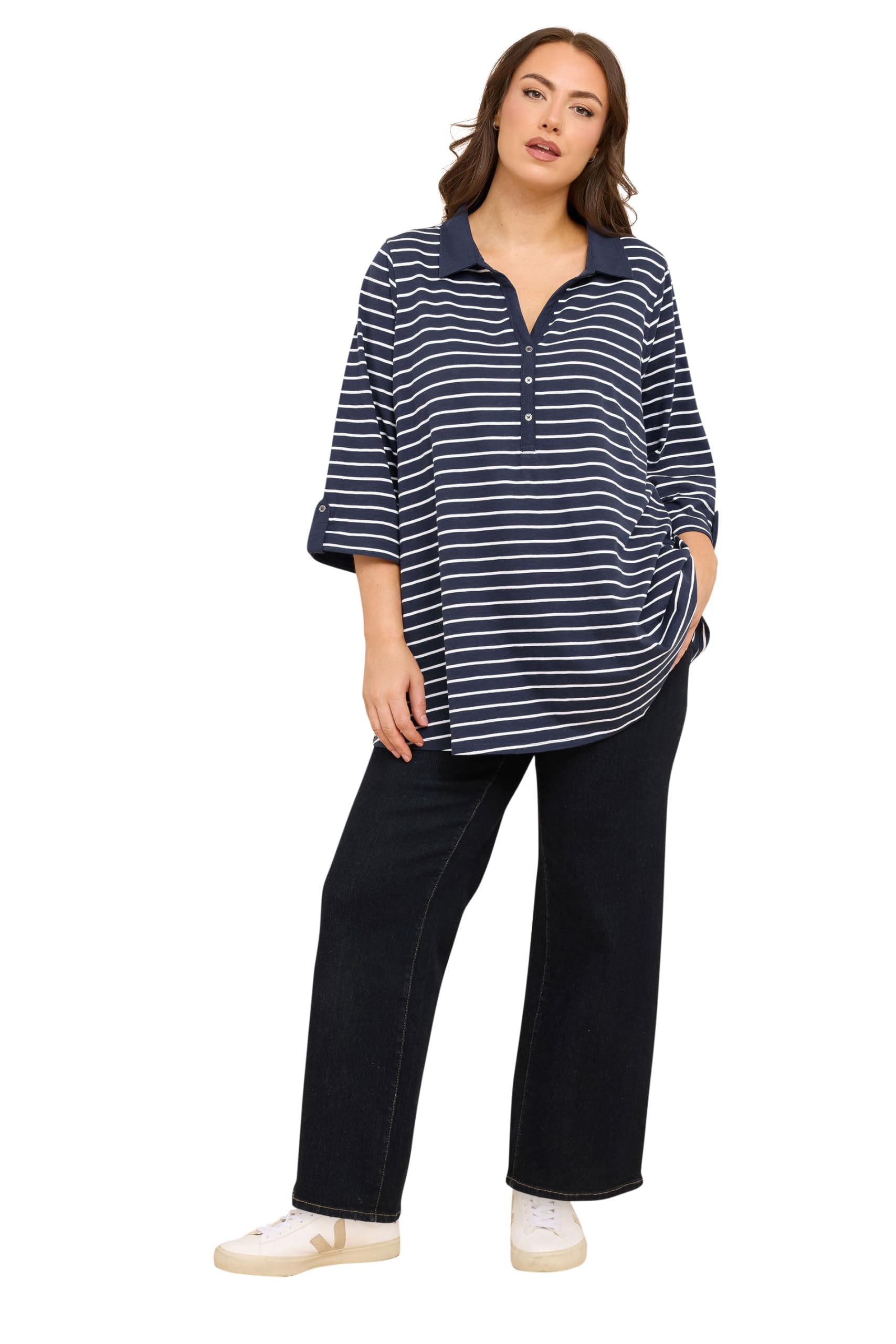 EVANS Curve Navy Blue Stripe Pintuck Henley Top - Women's - Plus Size Curve