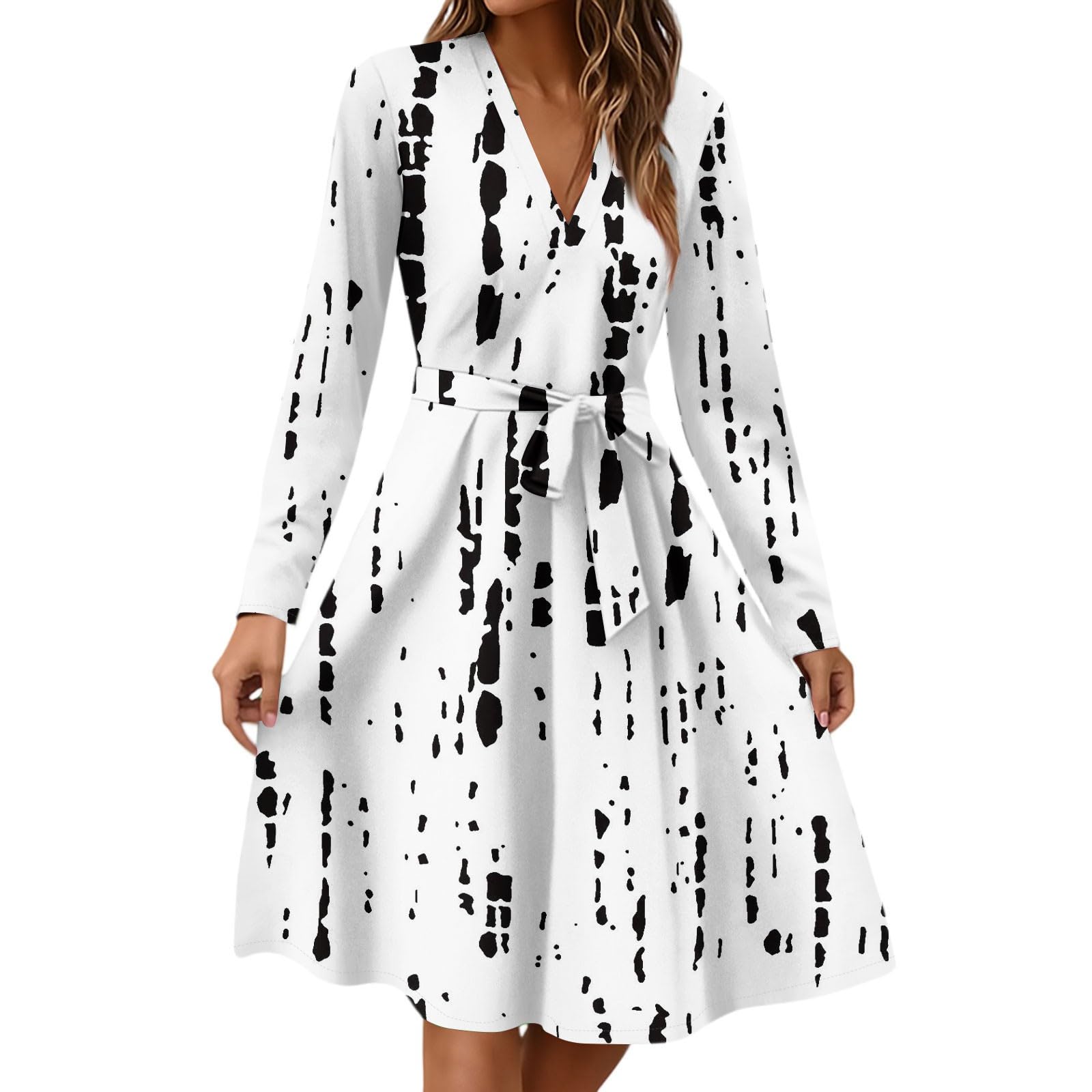 Herbstkleid Damen Knielang A Linie Langarm Midikleid V-Ausschnitt Tunika Kleid Mit Gürtel Lässiges Business Kleid Damen Elegant Schicke Sommerkleider Freizeitkleid