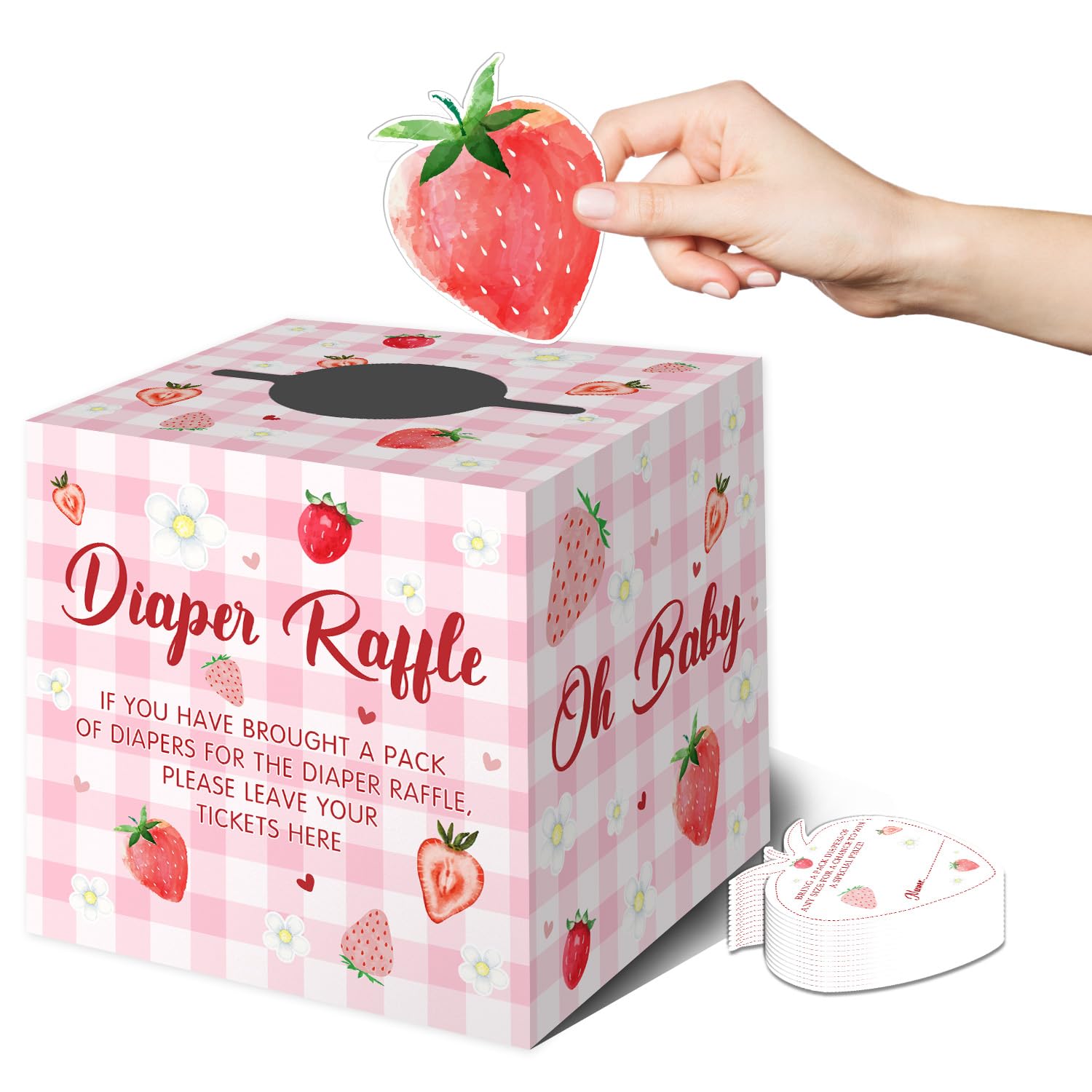Berry Sweet Baby Shower Dekoracje - 50 szt. Różowa Truskawka Pielucha Loteria Bilety z Pudełkiem, Jagoda Słodkie Dziecko jest w drodze Dekoracje, Truskawka Baby Shower Pudełko na pieluchy