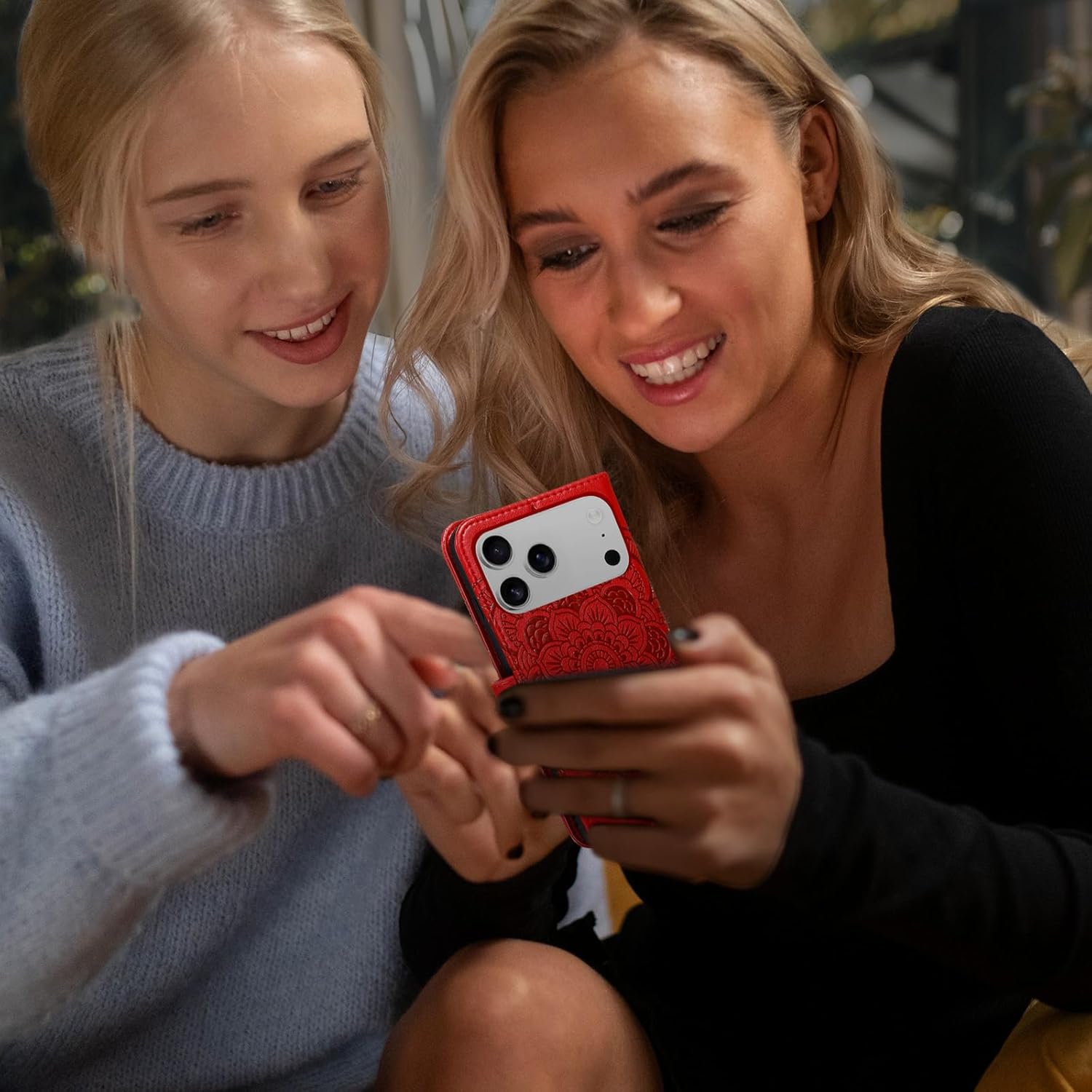 EYZUTAK Case for iPhone 17 Pro Max, Premium PU Leather Magnetic Closure Flip Wallet Phone Case with Card Holder Cash Slot Stand Function Embossed Mandala Flower Shockproof Lanyard Cover - Red - Image 7