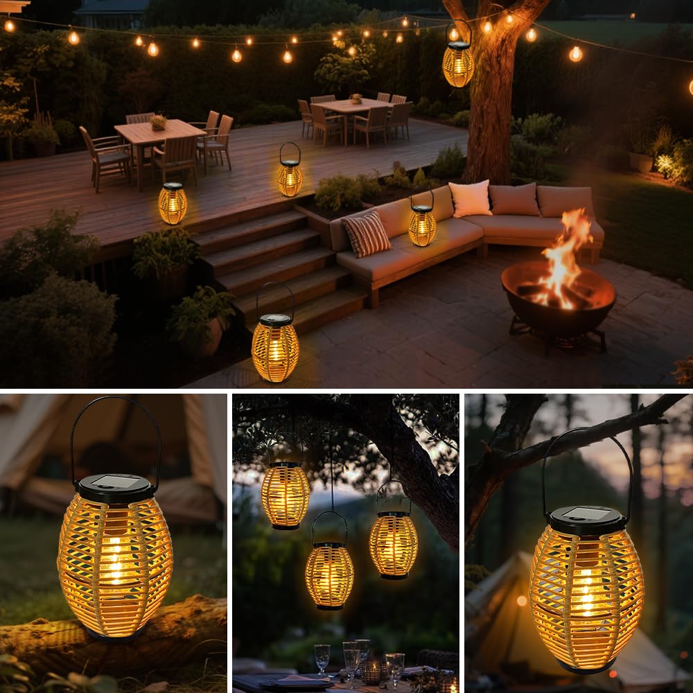 Bseical Lanterne Solaire Exterieur Jardin - 2 Rotin Lampe Solaire Exterieur, IP44 Étanche Lumiere Solaire Exterieur Lampadaire de Style Bohème, Suspendre/Perchées pour Table Cour Jardin Decoration