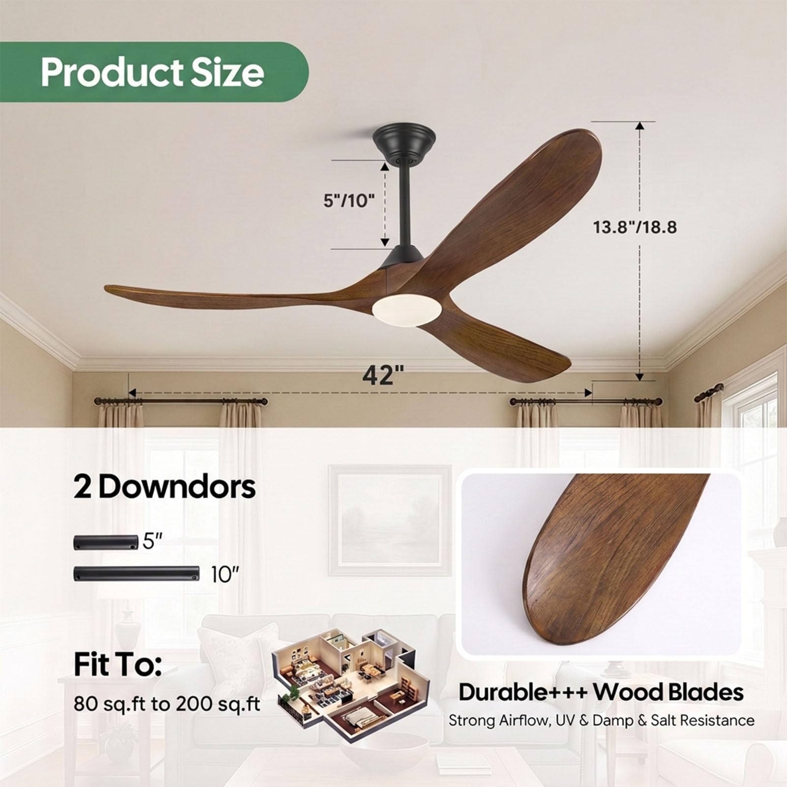 Ventilador de techo de madera de 106 cm con luz, ventilador de techo rústico de granja con mando a distancia, vetilador de techo reversible con motor DC para dormitorio, exterior cubierto