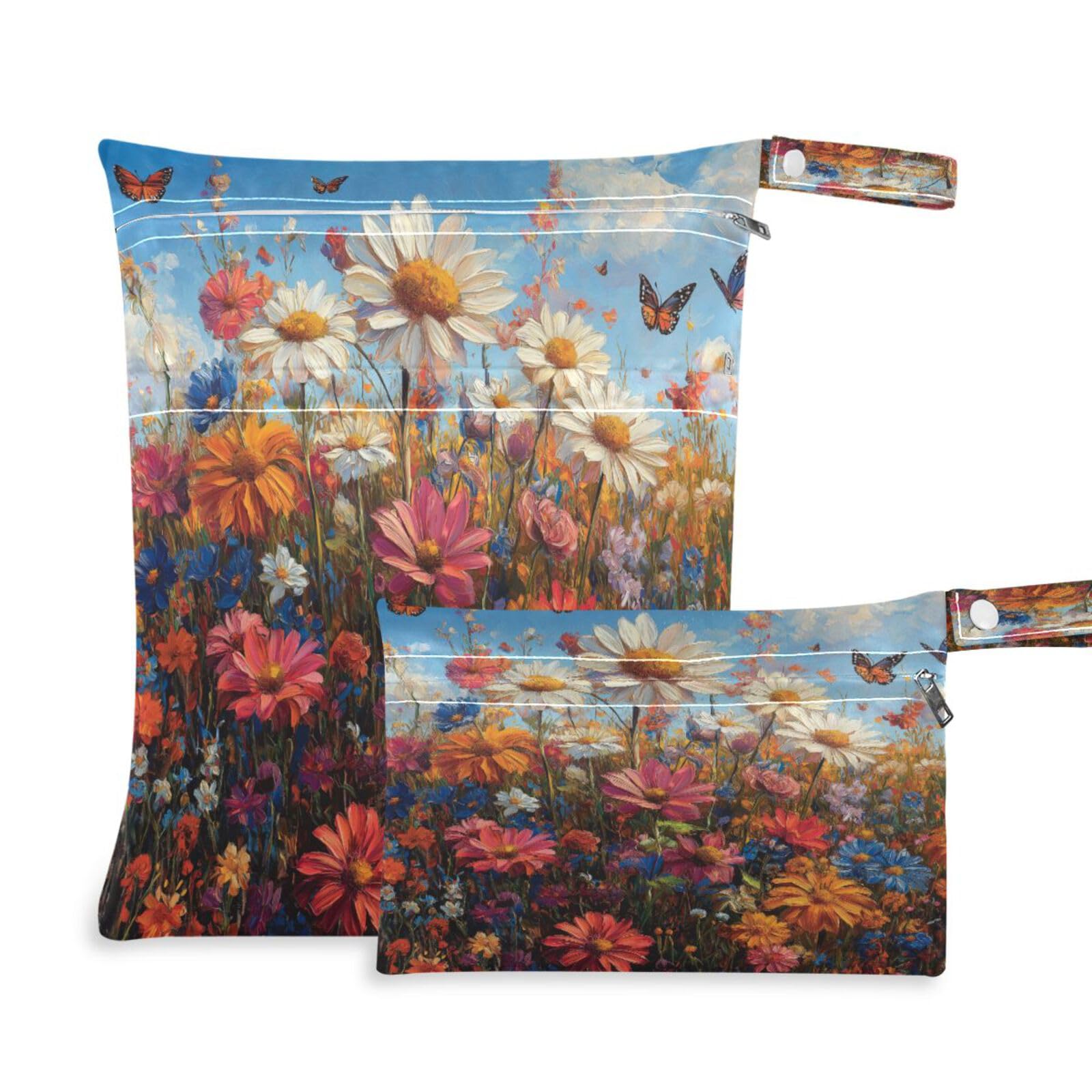 ATTX Colorful Wildflowers Meadow Wet Dry Bags 2-Pack - Reusable Cloth Diaper Storage for Travel, Beach & Gym | Multi-Use Waterproof Bags for Swimsuits, Baby Clothes, Sports Gear#372
