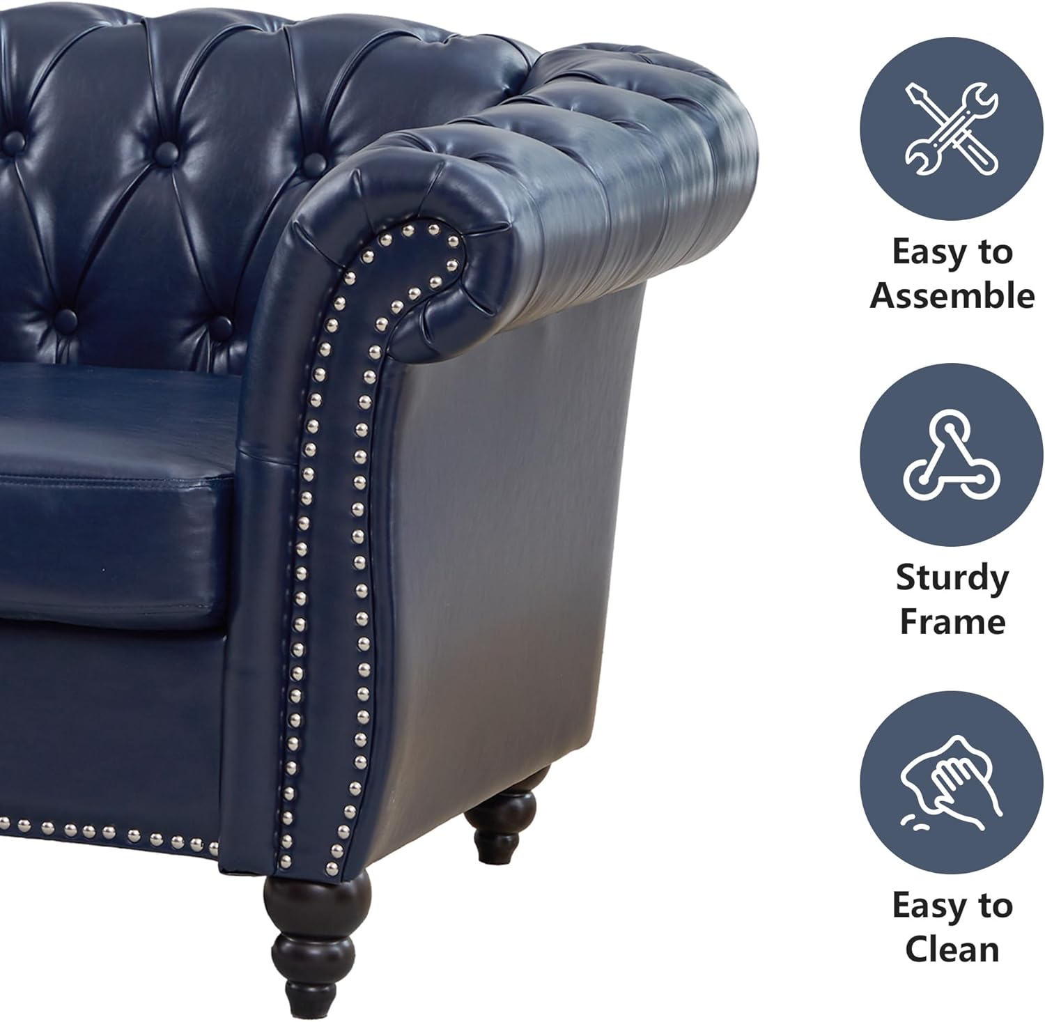 Chesterfield Chair, Modern Faux Leather Tufted Accent Sofa Couch Chair with Rolled Arms and Nailhead for Living Room, Bedroom, Office, Apartment (Blue) thumbnail