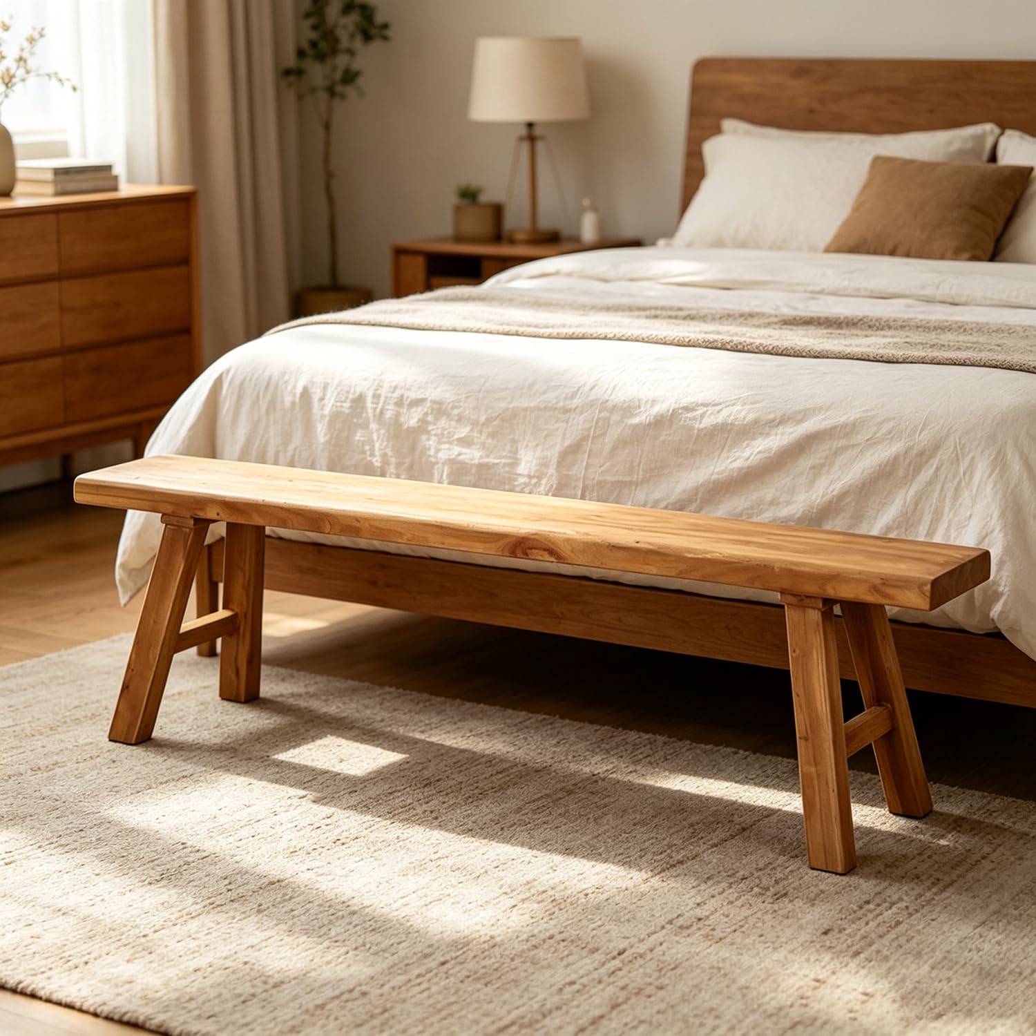 Farmhouse Indoor Wooden Living Room Dining Bench, Asian Natural Wood Kitchen Entryway Benc with Armless Design and Short Height, Solid Wood Shoe Bench Entryway Benches (47.2 * 10.2 * 17.7)