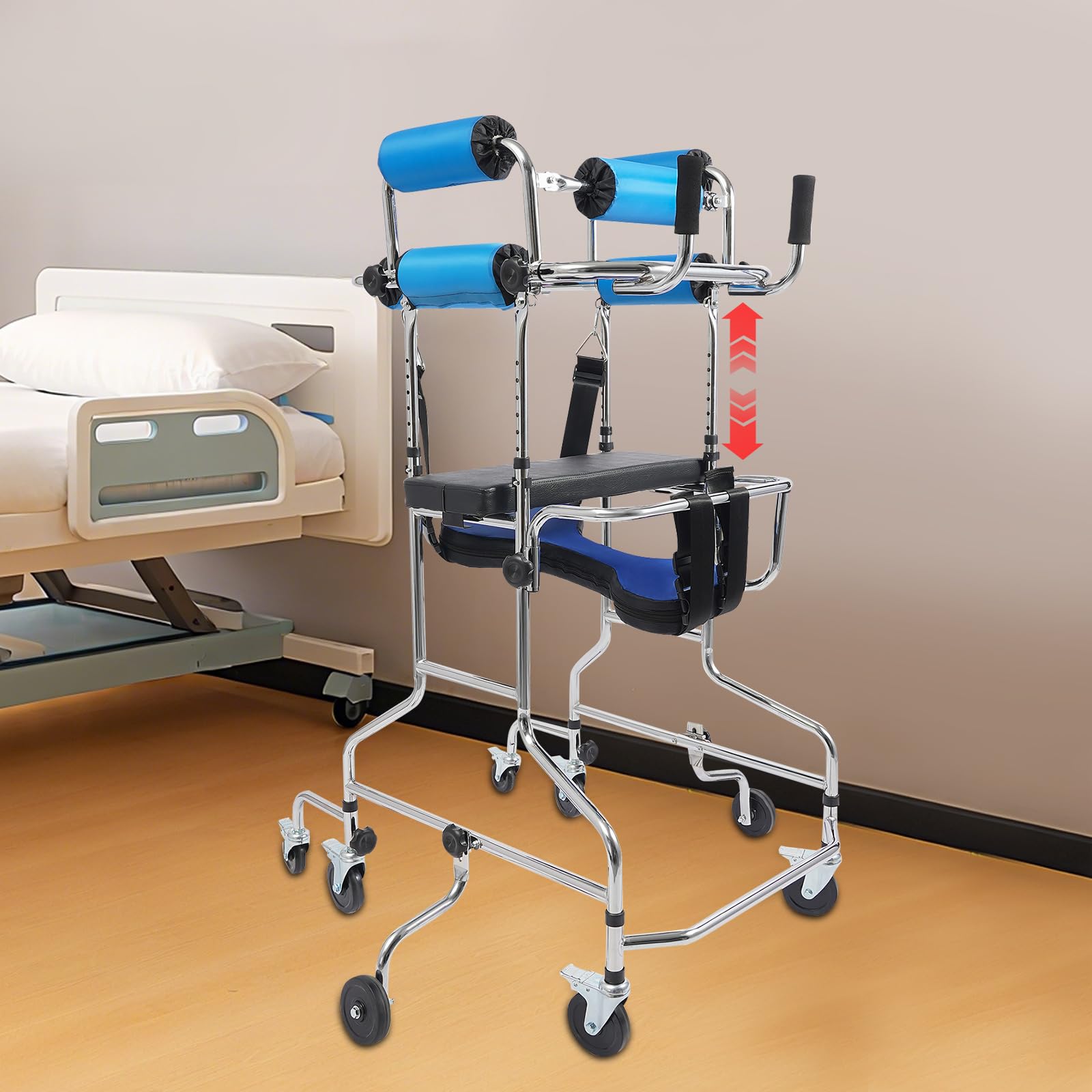 Gehtrainer Senioren Gehrahmen Carbonstahl Klappbar Lauflernhilfe Erwachsenen Unterarmstütze Mobilitätshilfe 8 Räder Gehwagen Höhenverstellbar Belastbarkeit 100kg Breite 20-35cm Höhe 116-140cm Blau
