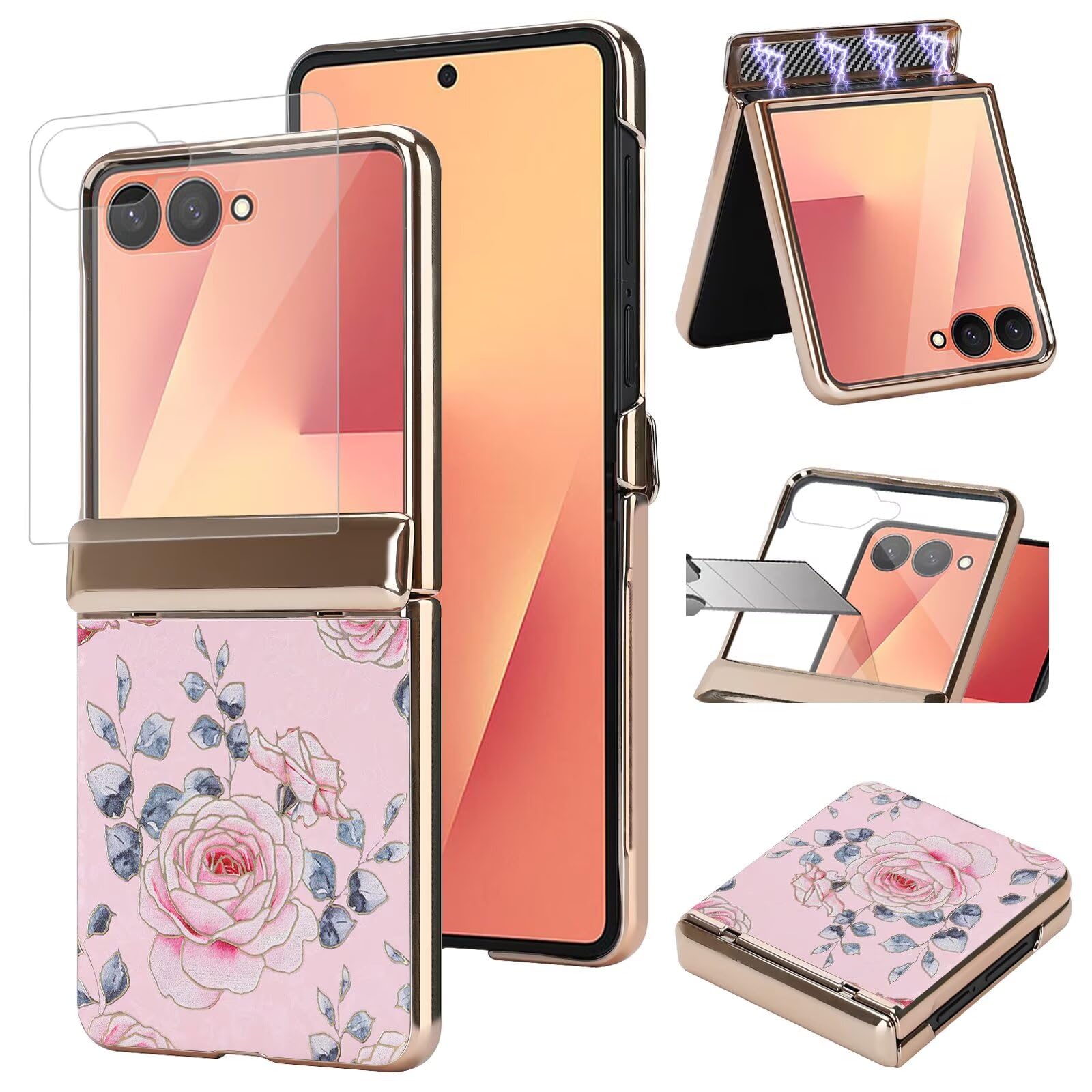 Funda para Samsung Galaxy Z Flip 7 con bisagra y protector de pantalla rosa 8