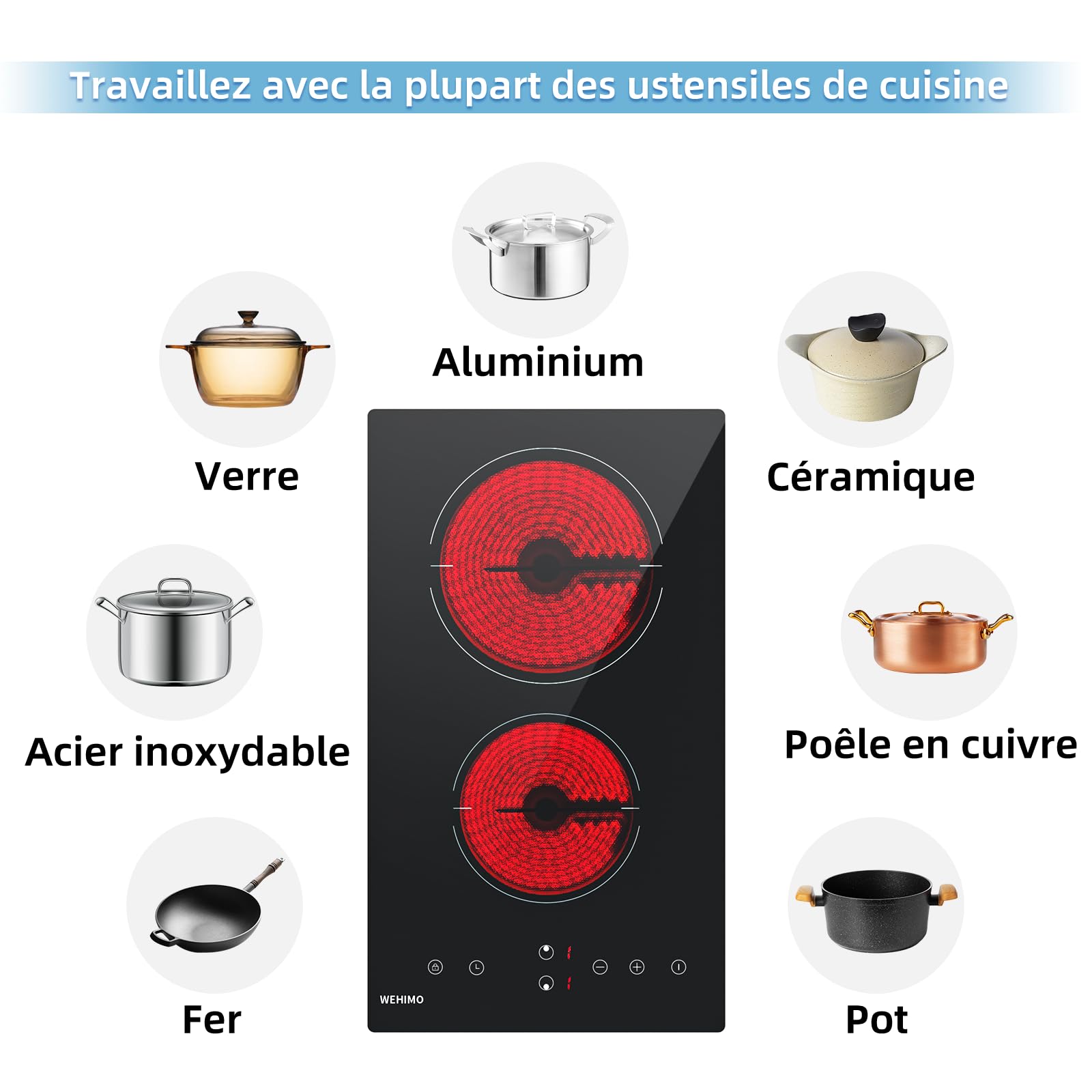 Plaque Vitrocéramique 2 Feux, WEHIMO Plaque de Cuisson Electrique 3000W, Commande Tactile, Minuteur, Compatible Tous Poêlons, 29cm