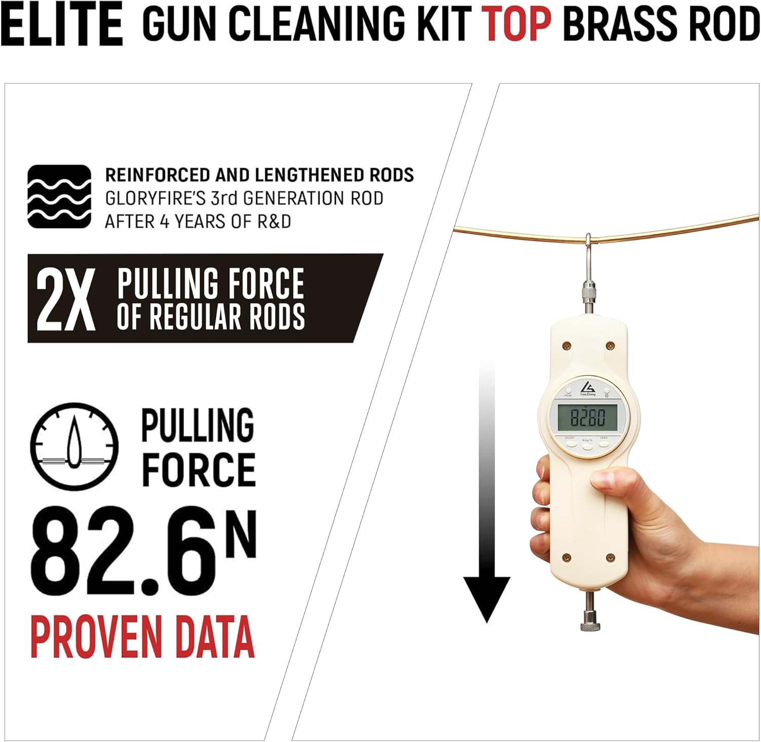 Diagram showing the strength of GLORYFIRE's brass rods with a pulling force measurement of 82.6N, indicating 2x the pulling force compared to regular rods.