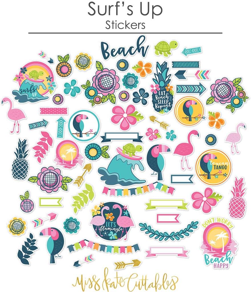 Miss Kate Cuttables Paper & Sticker Kit - Surf's Up - for Vacation - 17 Double-Sided 12x12 Papers with 33 Designs & 1 8X12 Sticker Sheet - Scrapbooking Card Making Crafting