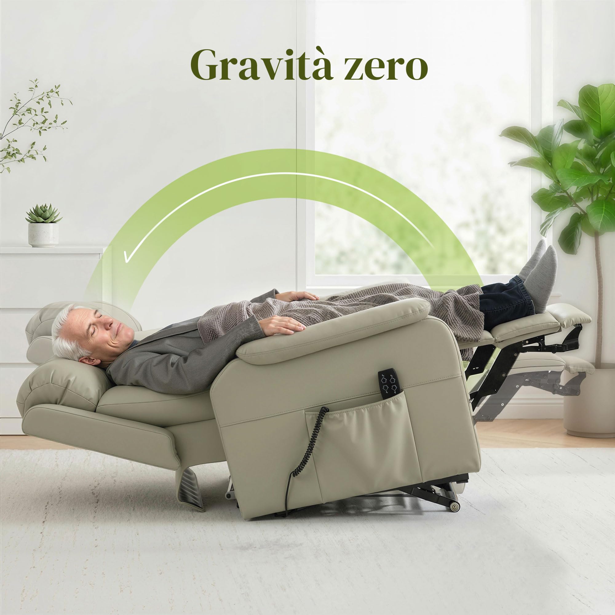 HOMCOM Poltrona Elettrica Alzapersona Reclinabile 170° Zero Gravity, Poltrona Relax in Pelle Finta Traspirante per Anziani, 2 Motori, Telecomando, 4 Ruote, Freno, Poggiapiedi, Tasche Laterali, Crema